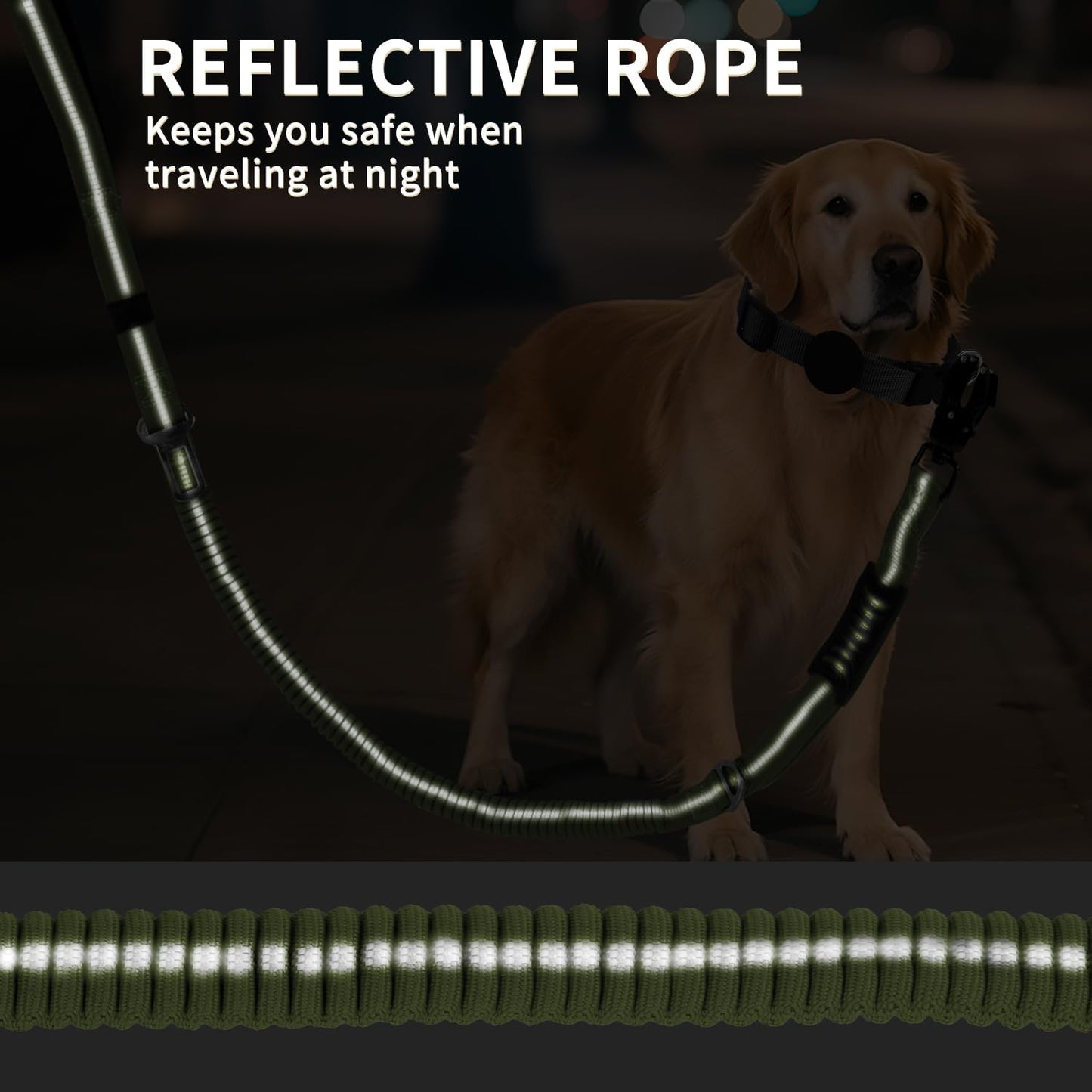 Heavy Duty Tactical Bungee Dog Leash, 4-6FT Shock Absorbing Tactical Dog Leash with 2 Padded Handles, Metal Carabiner Clip, Car Seatbelt, Reflective for Medium Large Dogs (ArmyGreen)