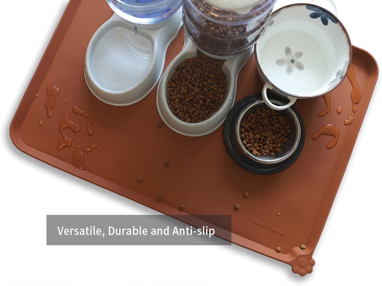 Hoki Found X-Large Silicone Pet Food Mats - Non Slip Pet Dog Cat Bowl Mats - Caramel