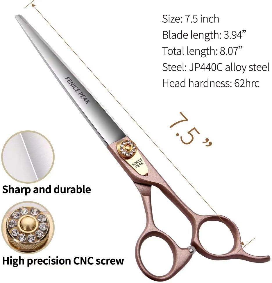 Fenice Peak 7.5'' Dog Straight Scissors for Grooming 440C Stainless Steel Rose Gold Professional Pet Trimming Scissors Sharp Blades Cutting for Dogs and Cats Shears