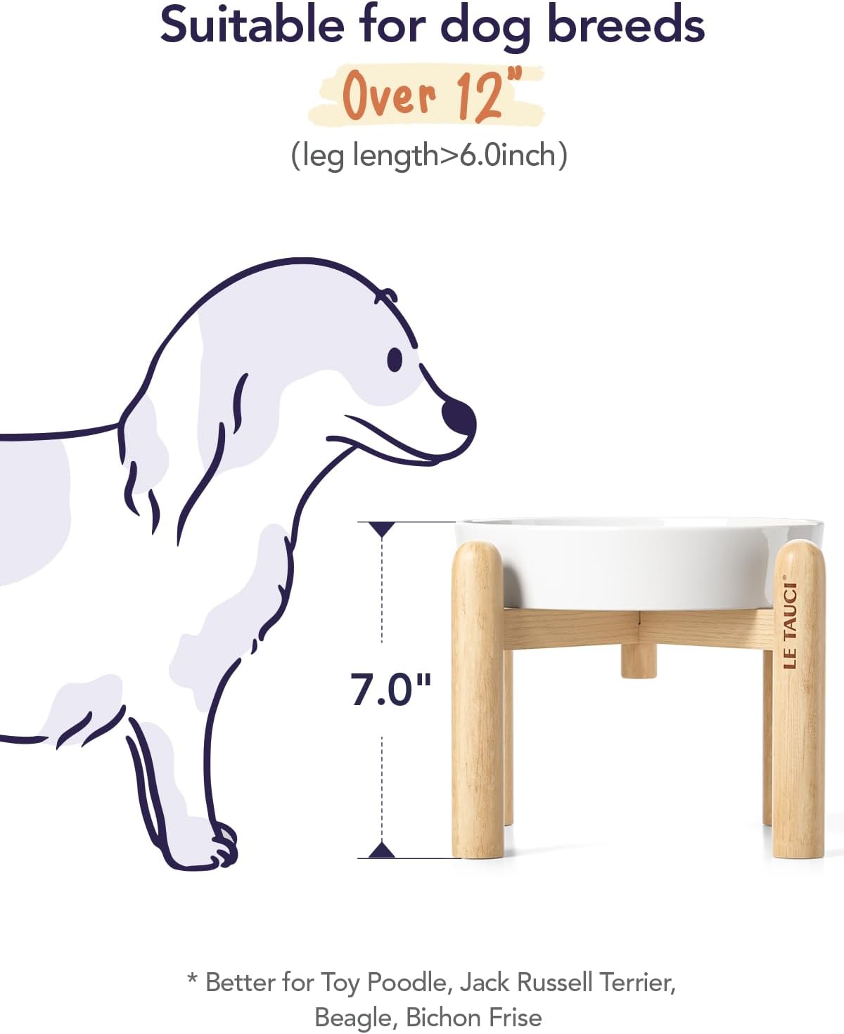 LE TAUCI Ceramic Slow Feeder Dog Bowls Elevated, 1.5 Cups Raised Dog Bowl with Wooden Stand for Small Medium Breed to Slow Down Eating, Puzzle Food Bowl,Angel White