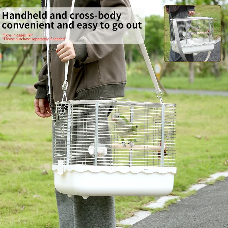 Bird Carrier Travel Cage, Durable Portable Stainless Steel Birdcage with Bird Perch & Feeding Bowl for Parrots Canaries Budgies Lovebirds Conures Cockatiels (Large White)