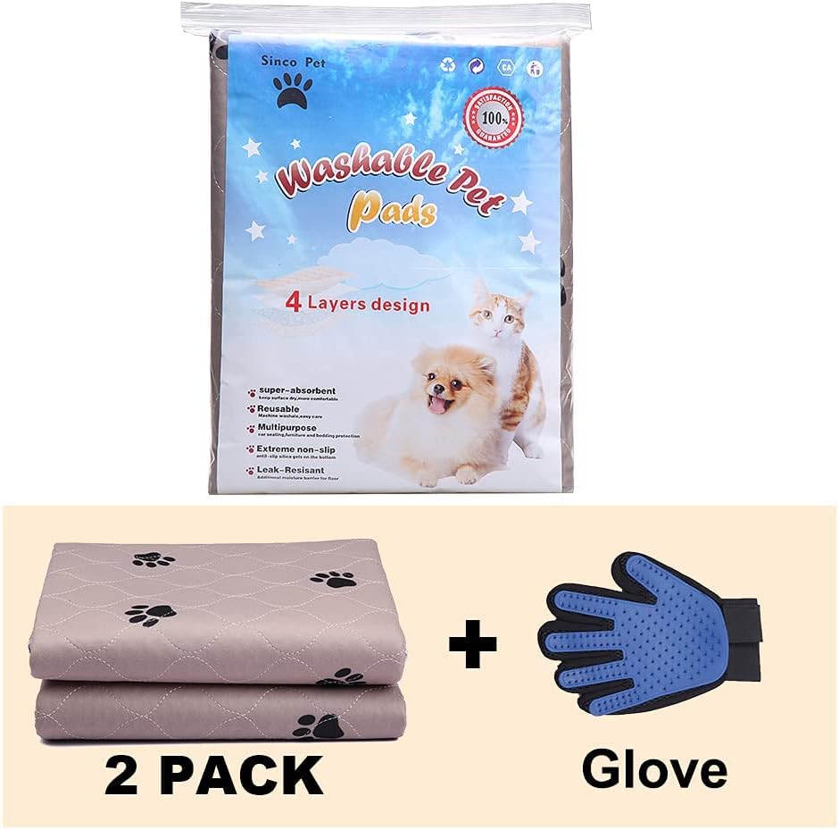 SincoPet Washable Dog Pee Pads with Puppy Grooming Gloves,Puppy Pads,Reusable Pet Training Pads,Large Dog Pee Pad,Waterproof Pet pads for dog Bed Mat,Super Absorbing Whelping Pads, Brown