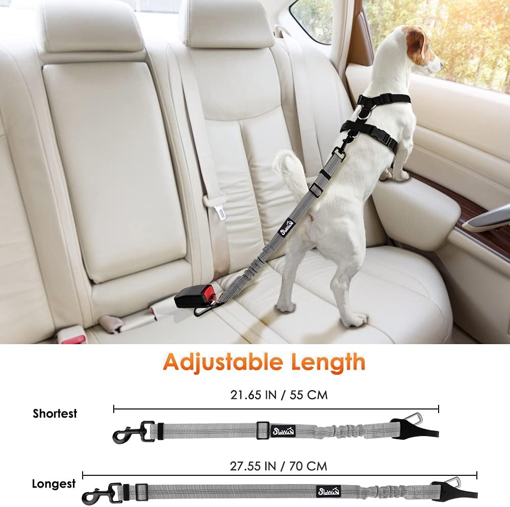 SlowTon 2 Pack Dog Seat Belt, 2 in 1 Attachment, Hook Latch Bar or Seatbelt Buckle with Elastic Nylon Bungee Buffer Adjustable Reflective Nylon Safety Belt Tether Connect to Dog Harness (2pack-GY)
