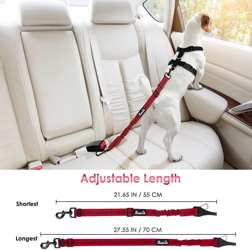 SlowTon Dog Seat Belt, Adjustable Dog Safety Belt Leash, 2 in 1 Latch Bar Attachment Dog Car Seatbelt with Elastic Nylon Bungee Buffer, Reflective Nylon Belt Tether Connect to Dog Harness (Red)
