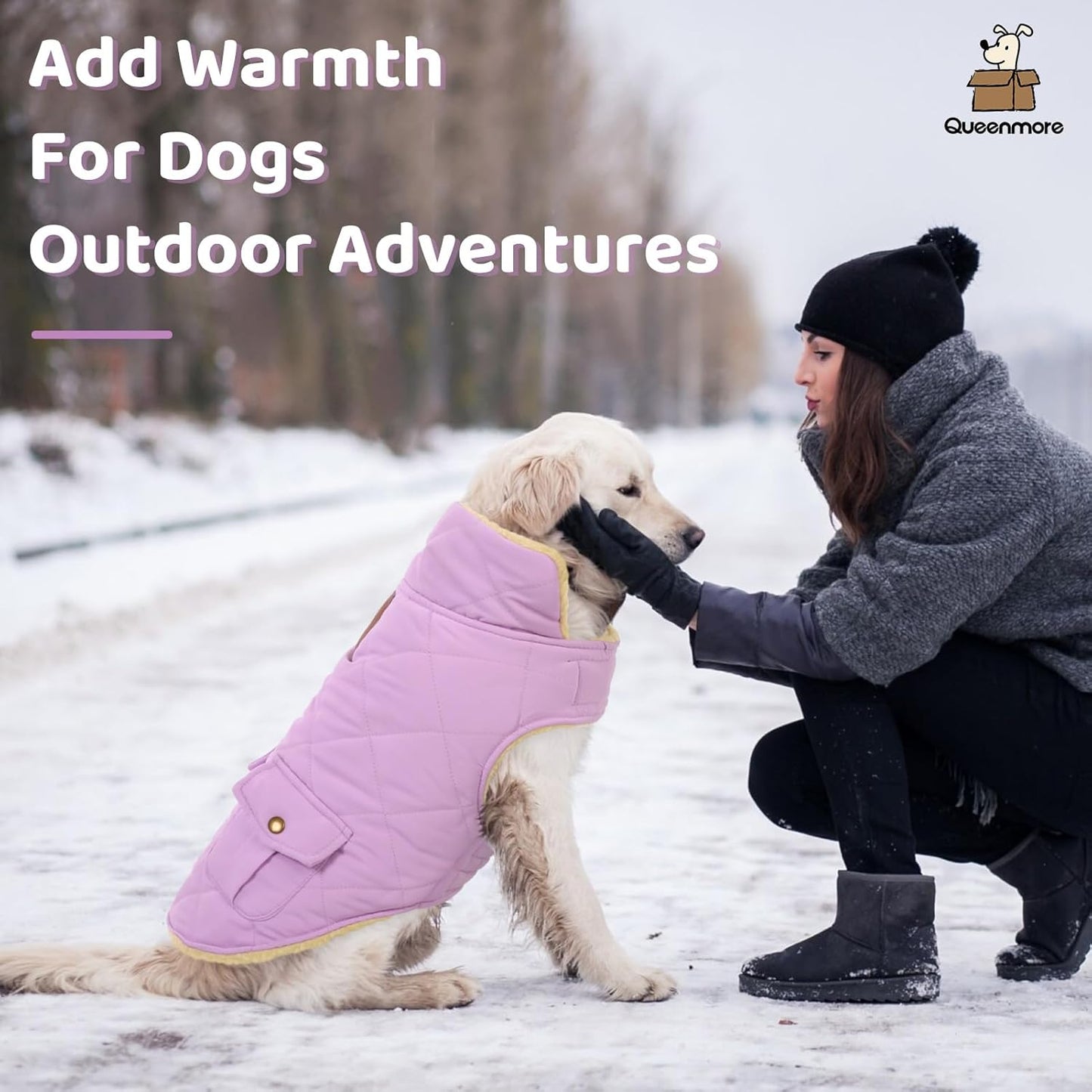 Queenmore Warm Dog Coat, Cold Weather Puffer Dog Coat Vest, Quilting Winter Pet Jacket Ultra Thick Plush Fleece Lining Pet Clothes for Dogs with Storage Pockets (Lilac,X-Large)