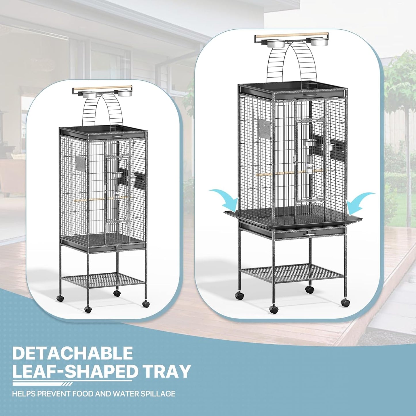 MoNiBloom 61 Inch Large Bird Cage with Rolling Stand, Wrought Steel Flight Birdcage w/Play Top for Parakeets Cockatiels Lovebird Budgie, Black