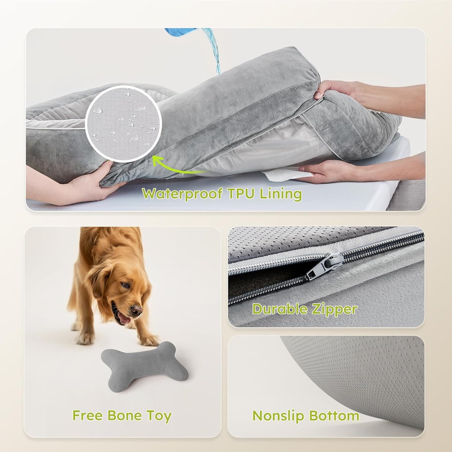 XXL Dog Bed for Extra Large Dogs, Giant Orthopedic Dog Bed with Cooling Gel Memory Foam, Waterproof Pet Bed with Removable Washable Cover, 53" Pet Sofa bed Dutch Velvet with Bone Toy, Light Gray