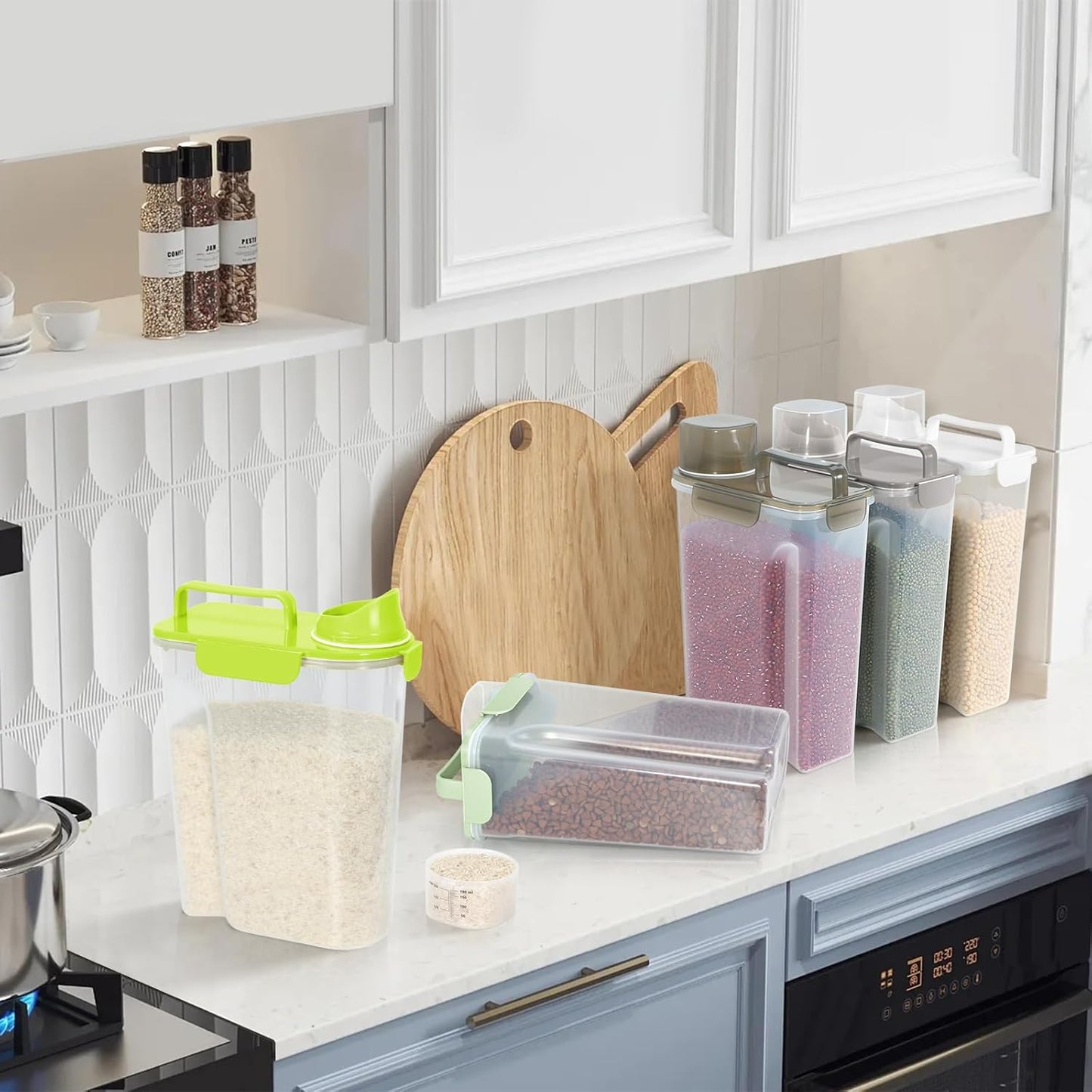 5-7Lbs Cat Dog Storage Container, Portable Pet Food Containers with Upgraded Large Spout and Cup, Small Animal Kibble Dispenser for Bird Seed, Oatmeal, Rice, Flour (2, Bright Green, 5L)