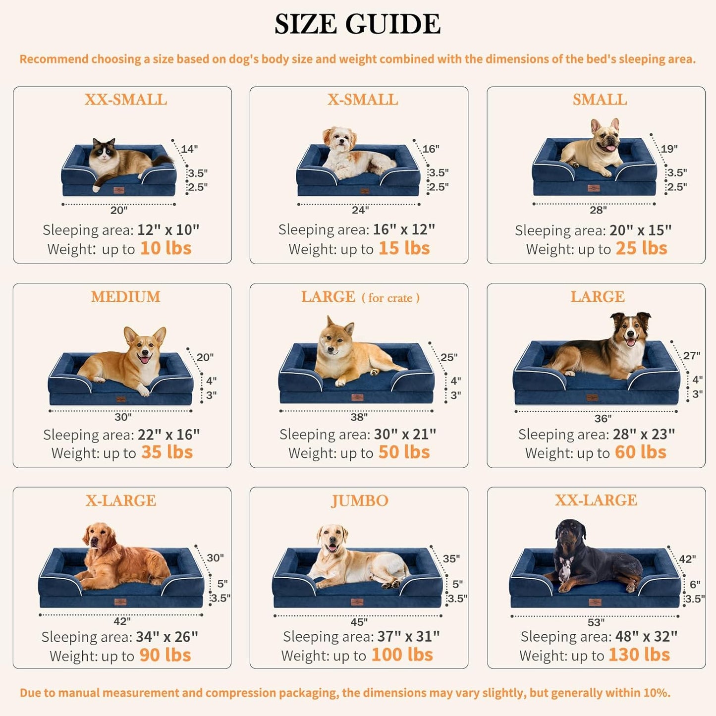 Comfort Expression Large Dog Beds, Waterproof Dog Beds Orthopedic Foam, Dogs Sofa Comfy Pet Beds with Washable Removable Cover & Non-Slip Bottom(Large,Navy Blue)