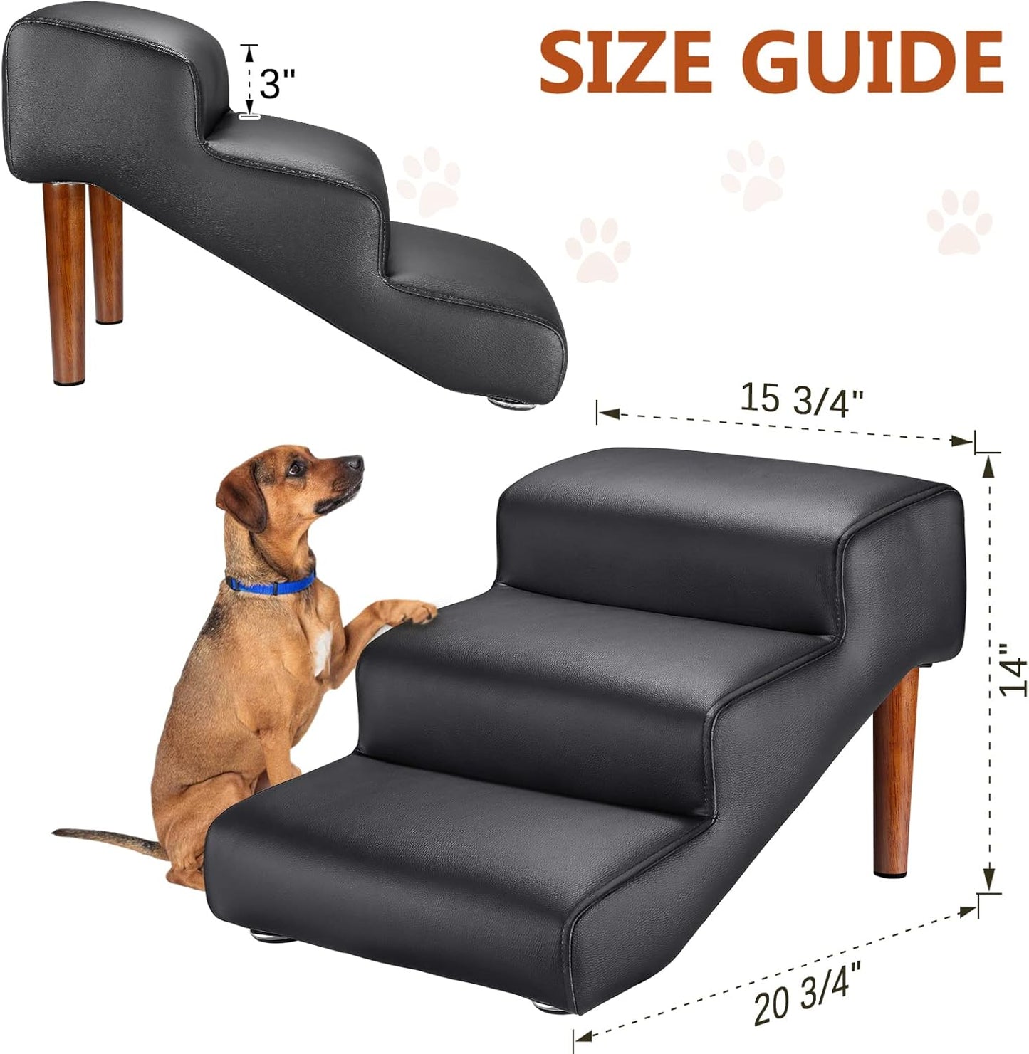 Senneny Black Faux Leather Dog Stairs, for Pets up to 150 lbs, Waterproof, Scratch Resistant Pet Steps/Stairs with High Density Foam and Detachable Wooden Legs, Black, 3 Step