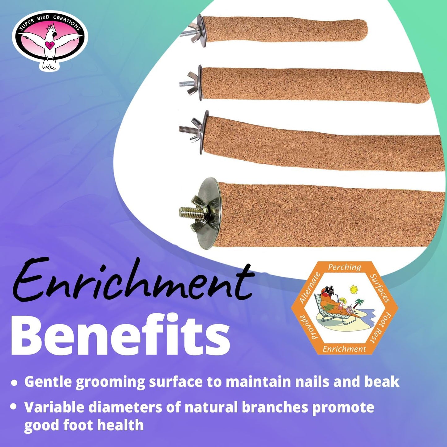 Super Bird Creations SB1153 Sure-Grip Grooming Perch Large, Medium/Large Bird Size - Enriches Beak and Foot Health - Ideal for Parrots Parakeets Quakers -Large Bird Size, 1 1/4" diam x 12" (Large)