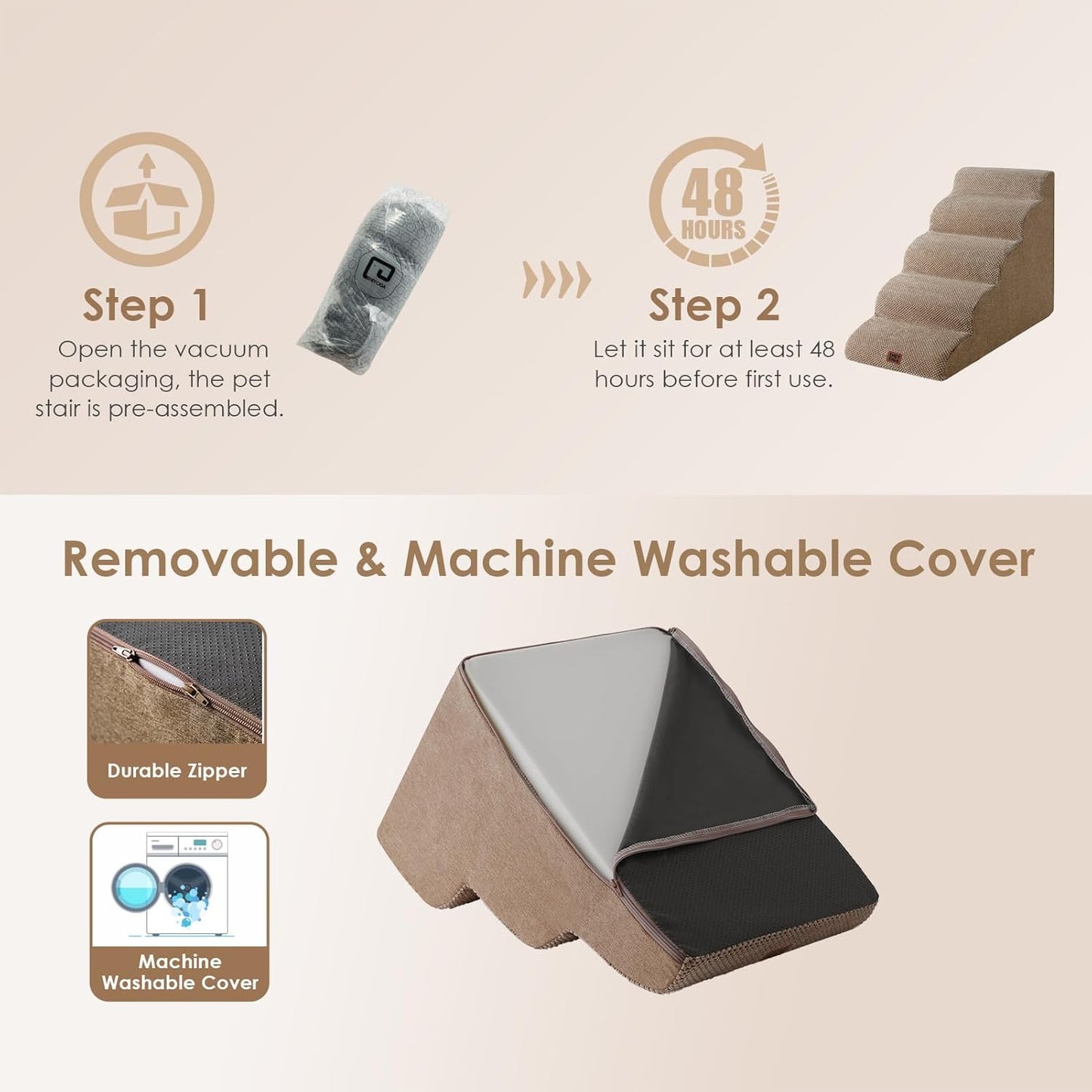 EHEYCIGA Curved Dog Stairs Ramp for High Beds 22.6" H, 5-Step Dog Steps for Small Dogs and Cats, Pet Stairs for High Bed Climbing, Non-Slip Balanced Pet Step Indoor, Camel