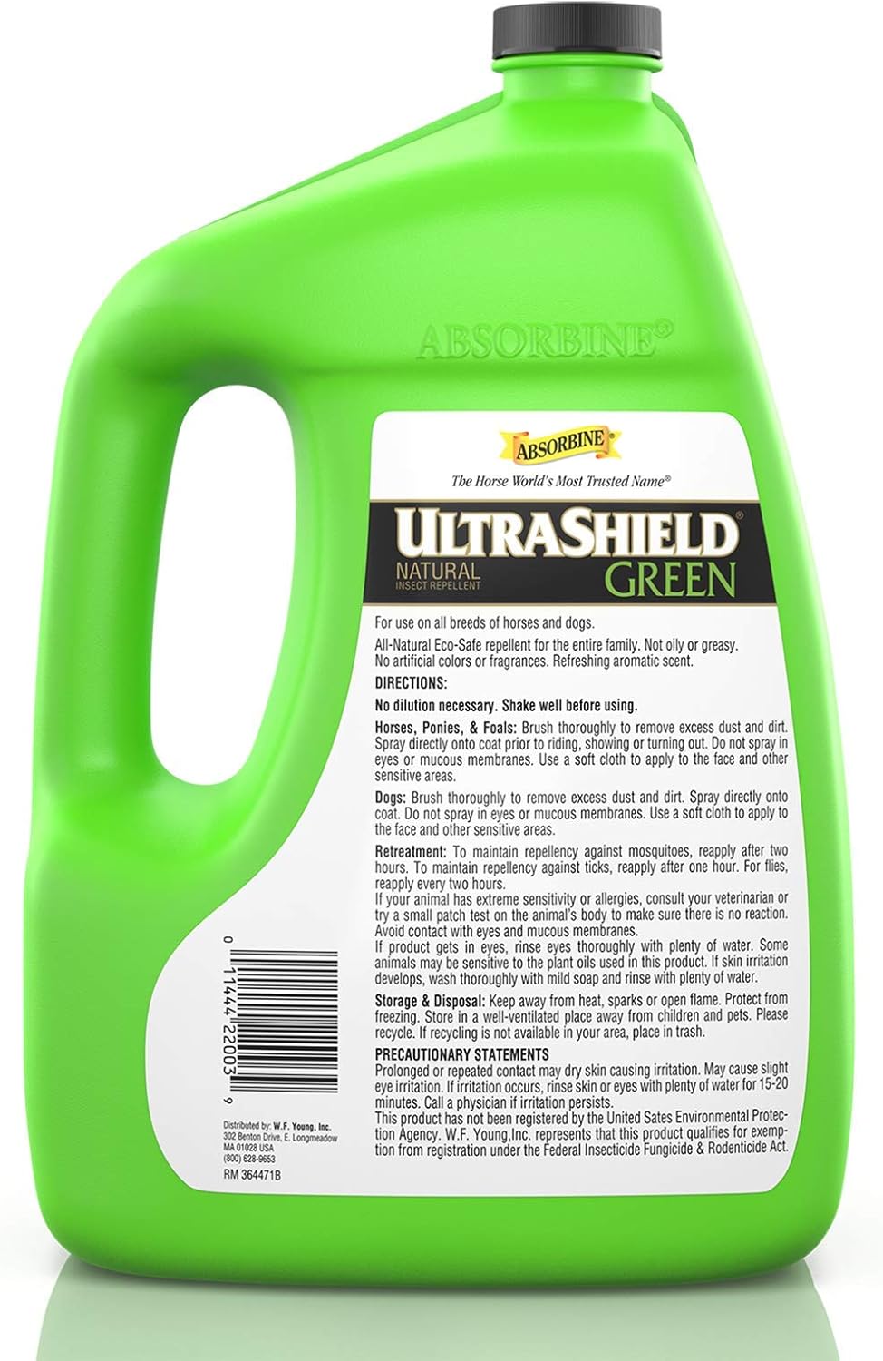 Absorbine UltraShield Green All-Natural Fly & Insect Repellent for Horses & Dogs, Essential Oils Repel & Control, 128oz Bottle, No Sprayer
