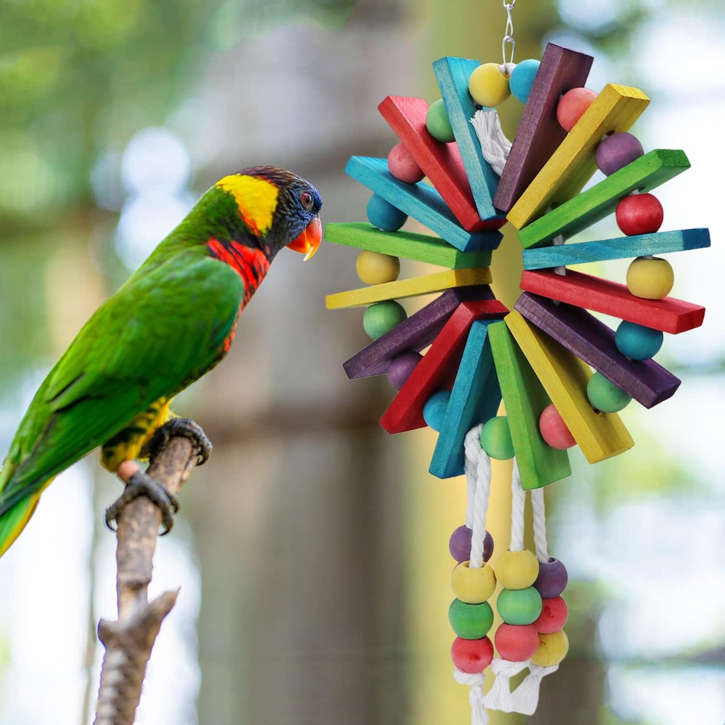Parrot Hanging Chew Toy Bird Bite Swing with Colorful Wood Beads Bells for Parrot Macaw African Greys Cockatiels Cage Accessories (Colorful Wood Toy)