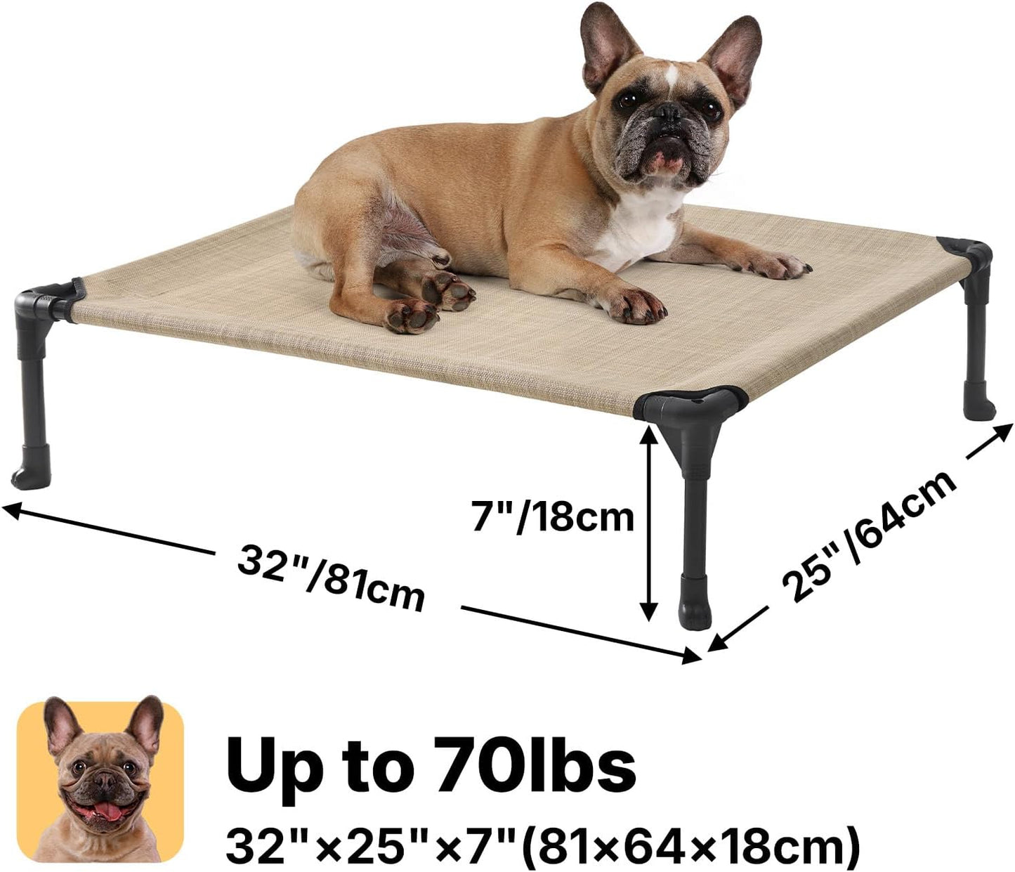 Veehoo Outdoor Elevated Dog Cot Bed, Cooling Raised Pet Bed for Medium Dogs, Washable Breathable Mesh Hammock Bed with No-Slip Feet, Indestructible Ground Off Training Platform Cot-32"x25"Beige Coffee