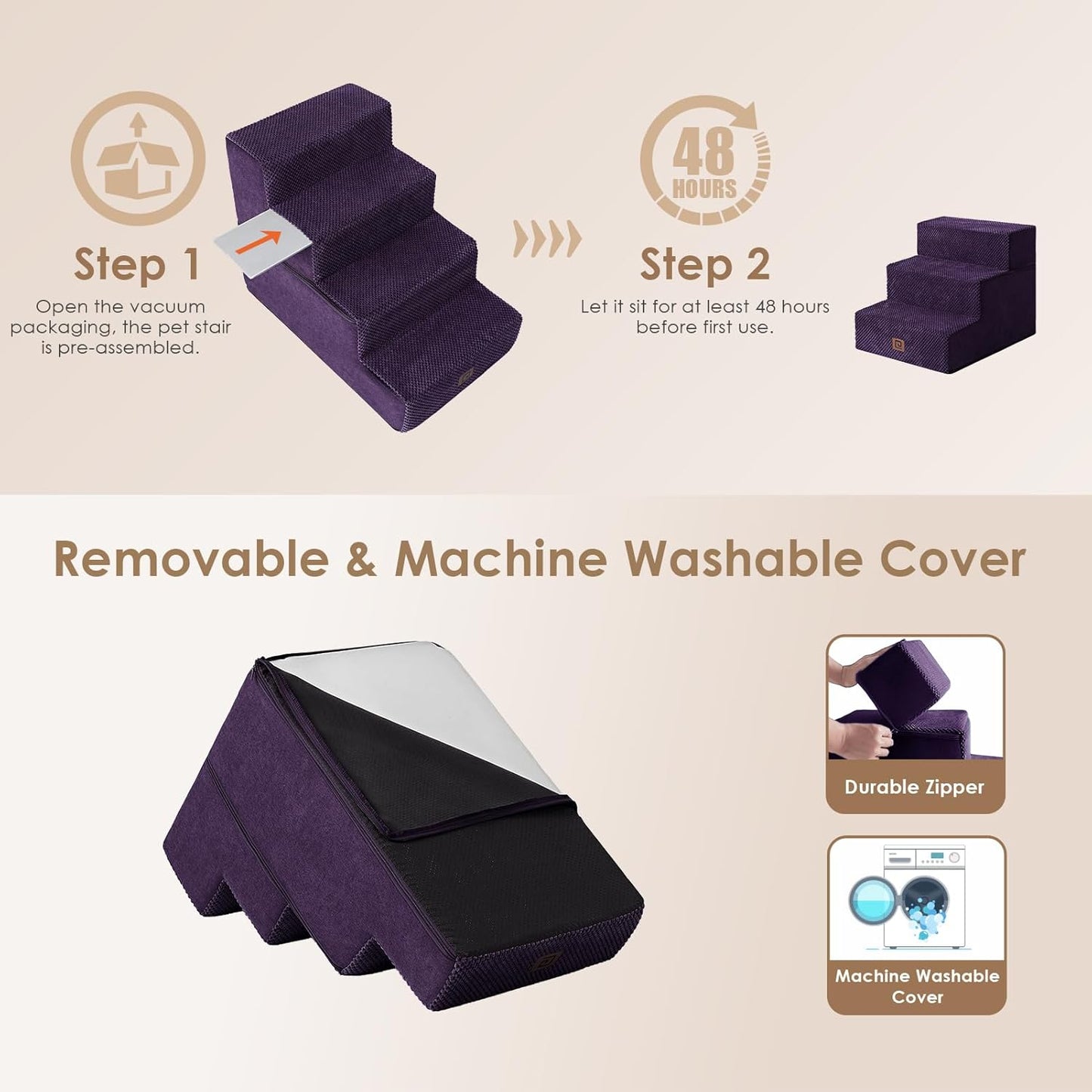 EHEYCIGA Dog Stairs for Small Dogs 13.5" H, 3-Step Dog Steps for Couch Sofa and Chair, Pet Steps for Medium Cats, Non-Slip Balanced Pet Ramp Indoor, Purple