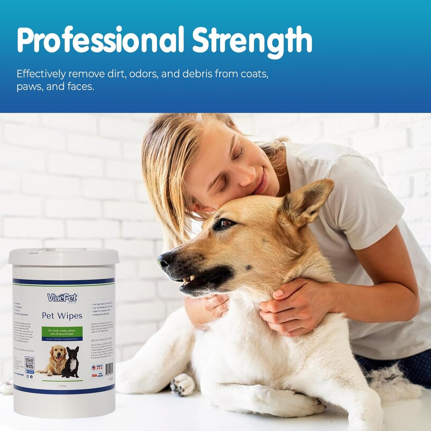 VLUEPET - Pet Wipes for Dogs & Cats | Biodegradable, Natural & Unscented Grooming Wipes for Paws, Coat, Ears, Eyes & Rear | Soft, Durable & Safe for Daily Cleaning, Fragrance-Free | 150 Count