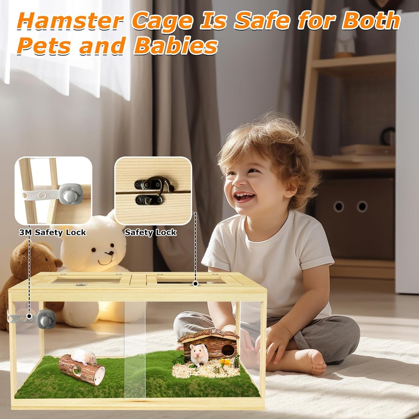 Large Hamster Cage 40", Lockable Sliding Door Gerbil Cage, Dwarf Hamster Cage with Metal Mesh Roof, Mice and Rat Habitat, Chewproof Syrian Hamster Enclosure, (Wooden, 40" L x 20" W x 20" H)