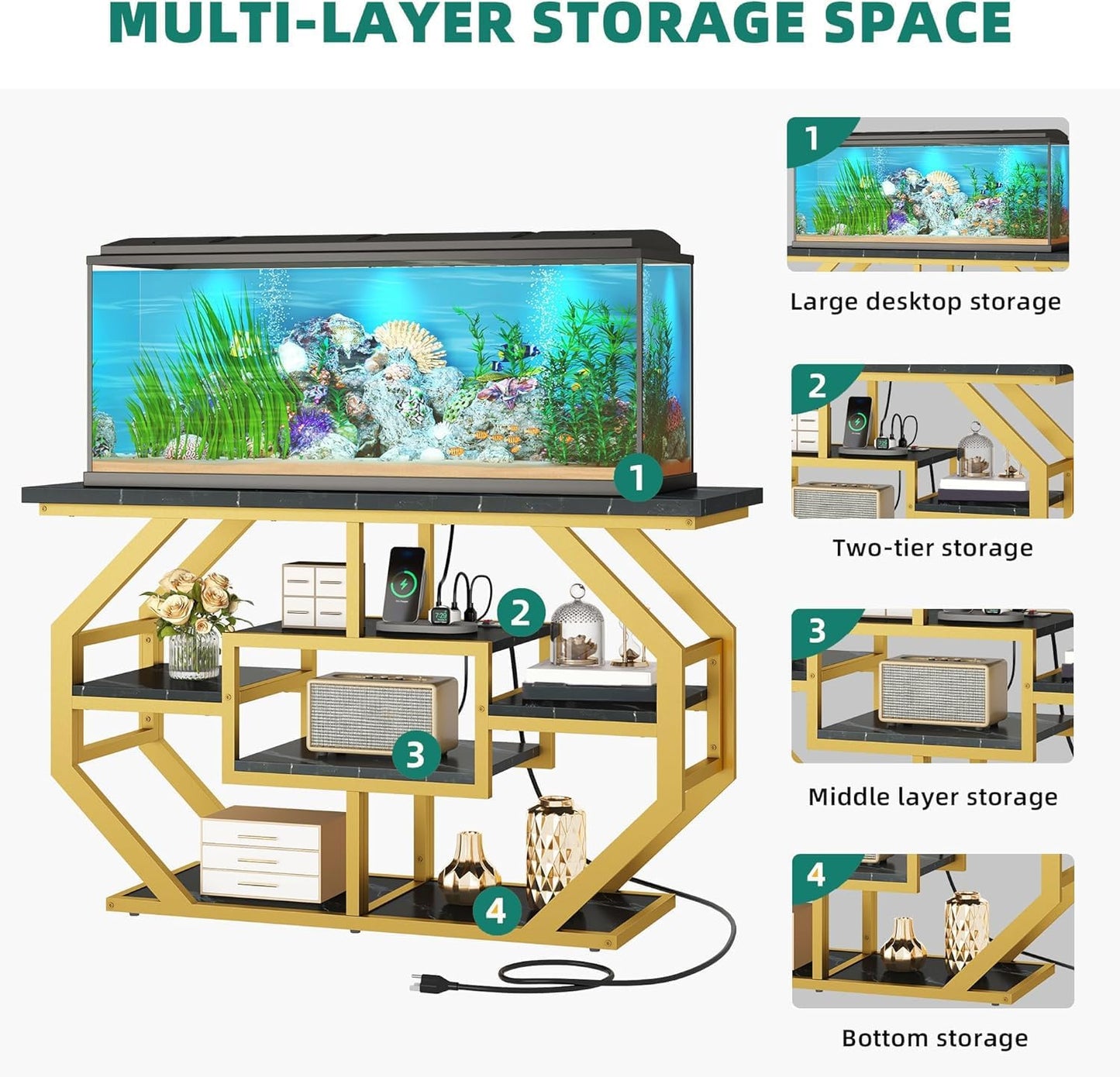 YITAHOME Heavy Duty 55-75 Gallon Fish Tank Stand with Power Outlet, Marble Aquarium Stand for Fish, Turtle, Reptile Terrarium, Shelves for Fish Tank Accessories Storage, 860LBS Capacity, Gold