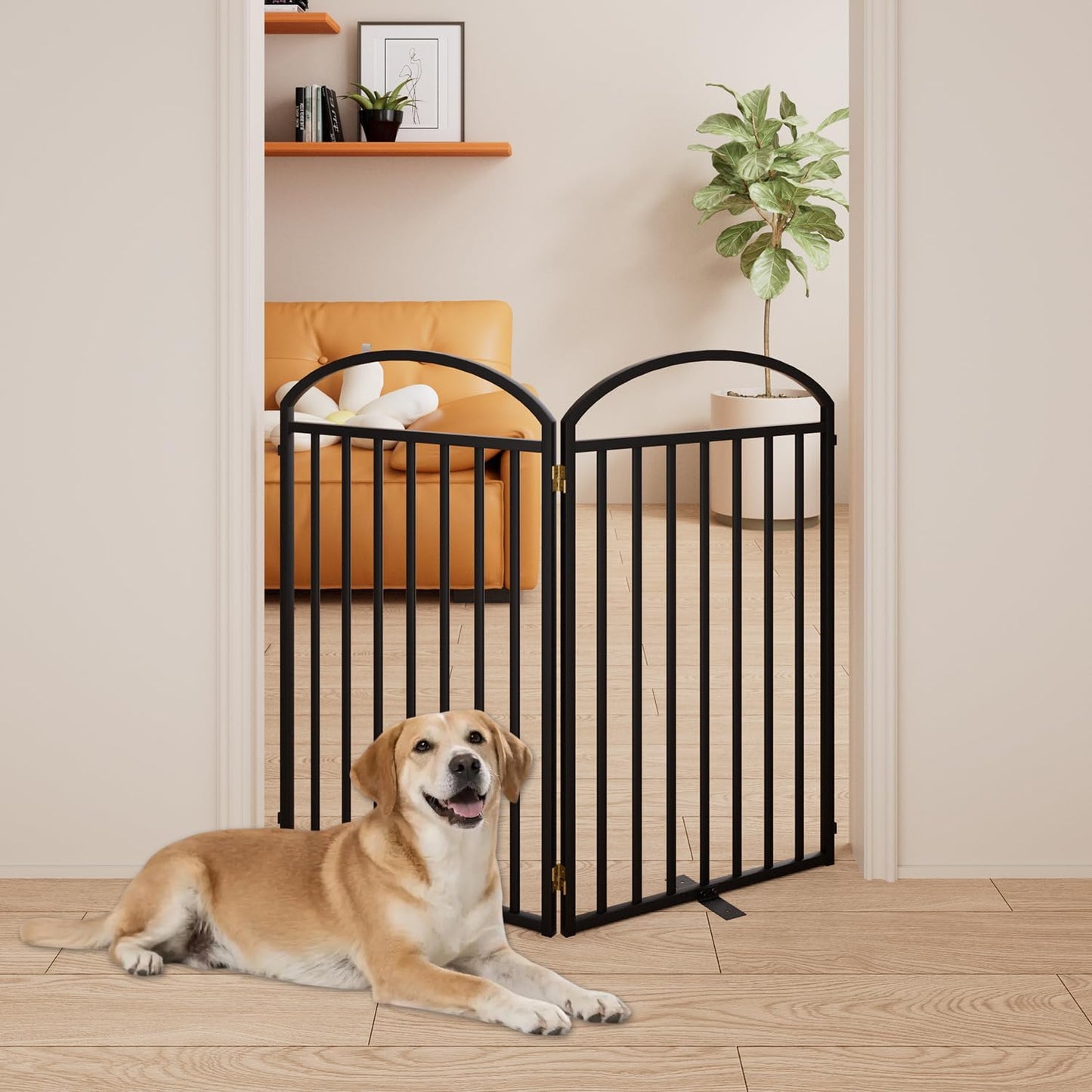 2 Panles Full Matel Freestanding Dog Gates with Door, 48"Extra Wide 36"Tall Free Standing Dog Pet Gate for Indoor & Outdoor. Foldable Pet Fences for Doorways, House, Stairs, Porch, Deck, Yard