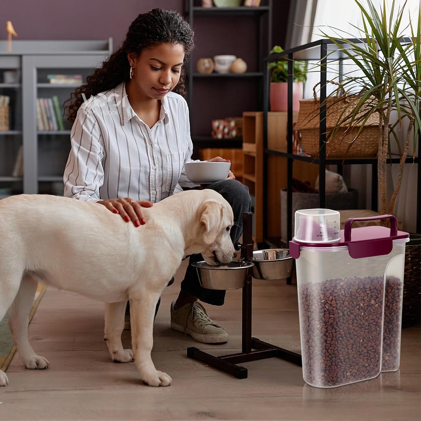 5Lbs/6Qt Airtight Pet Storage Container Translucent Body, Upgraded Large Nozzle With Handle Design For Cat Dog Bird Food and for Small Animal Kibble, Oatmeal, Rice, Flour, Brown Sugart-Purple