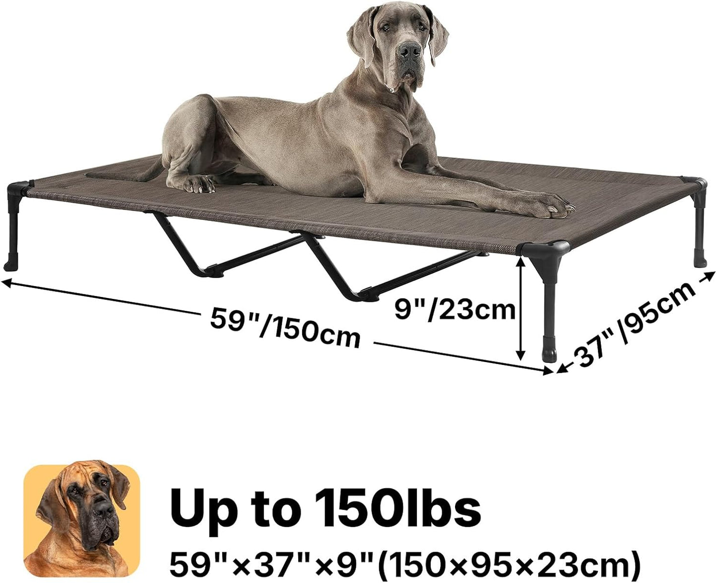 Veehoo Outdoor Elevated Dog Cot Bed, Cooling Raised Pet Bed for XX-Large Dog, Washable Breathable Mesh Hammock Bed with No-Slip Feet, Indestructible Ground Off Training Platform Cot-59"x37.5" Brown