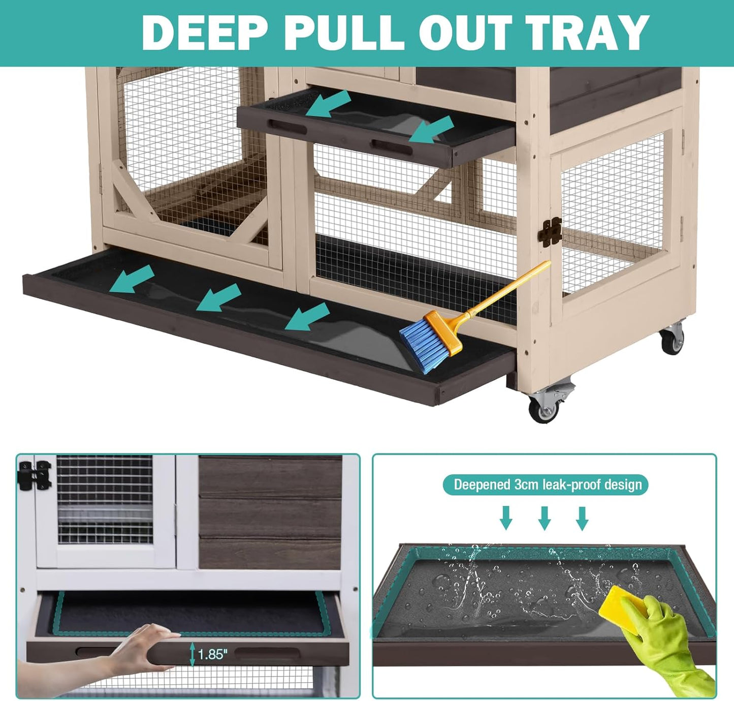 Rabbit Hutch Indoor for 2-4 Rabbits & Guinea Pigs,Bunny Cage with Slide-Out Plastic Trays,Wooden Small Animal Cage for Rabbits, Bunnies, and Guinea Pigs (Dark Brown)