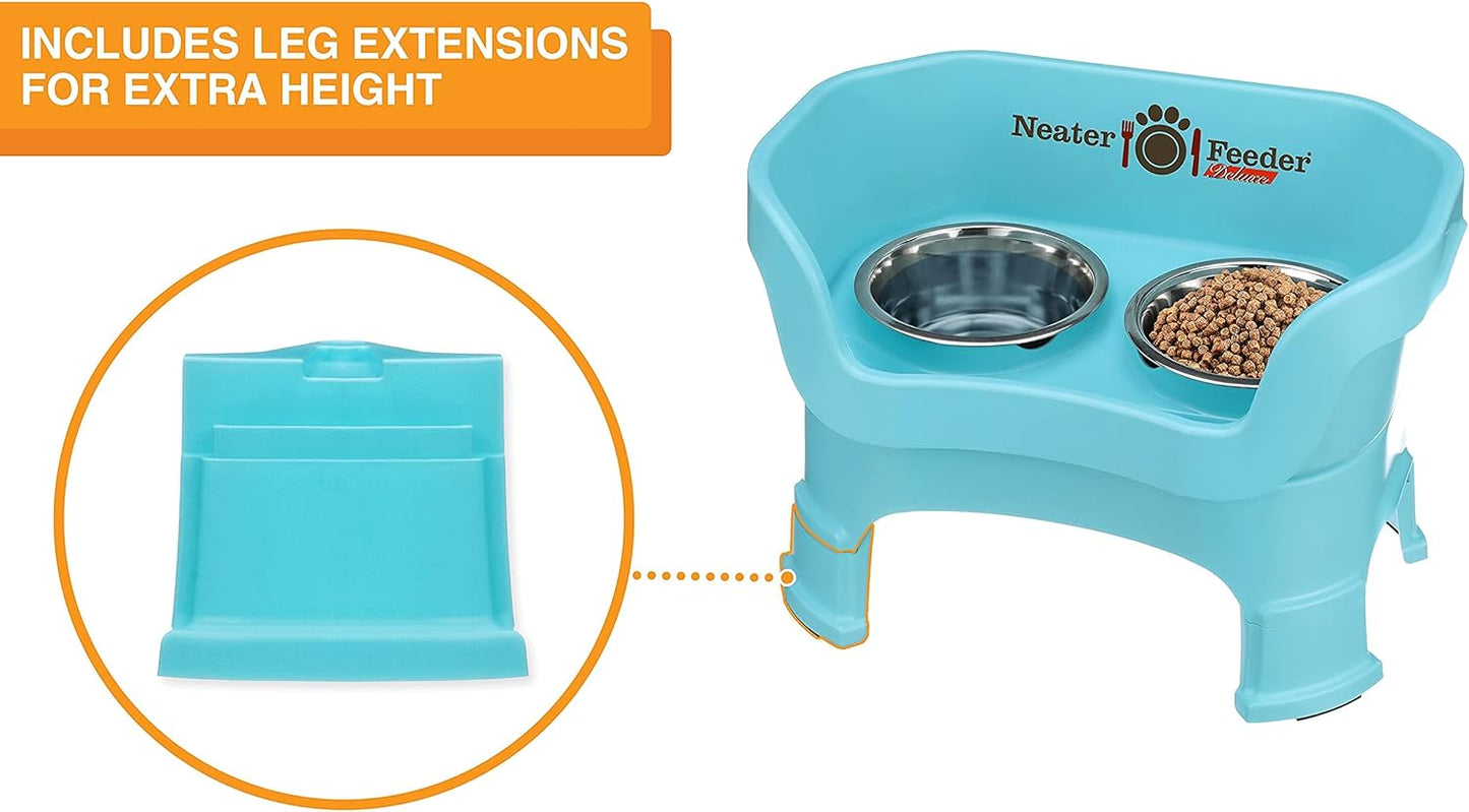 Neater Feeder Deluxe Mess Proof Dog Bowls Elevated Medium Sized Dogs (19-40 lbs) Made in USA, No Spill Raised Dog Food Bowl Stand w/Leg Extension, Stainless Steel Food and Water Bowl Set, Aquamarine