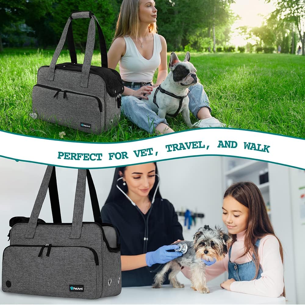 PetAmi Small Dog Purse Carrier, Soft-Sided Pet Carrier Bag with Pockets, Portable Puppy Cat Travel Handbag Tote, Airline Approved Breathable Mesh, Poop Bag Dispenser, Sherpa Bed, Max 18 lbs, Dark Gray