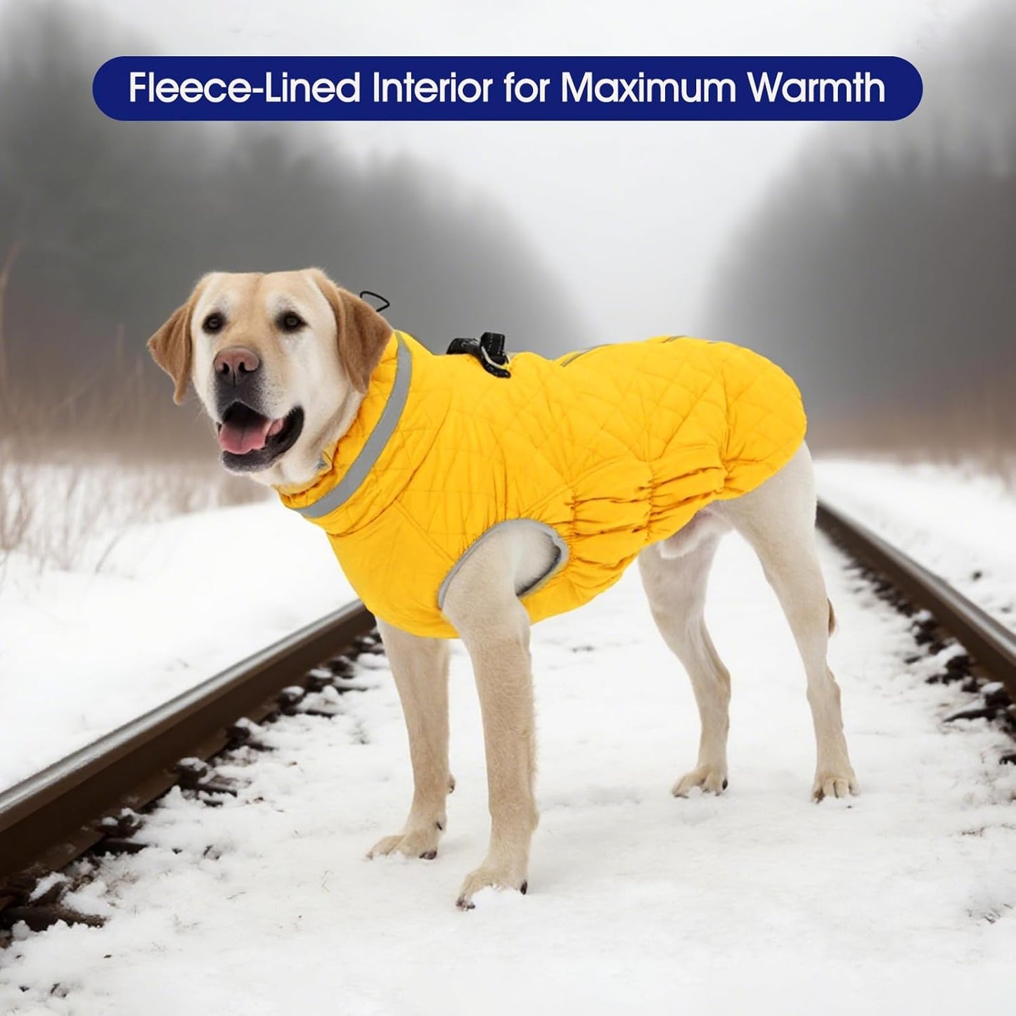 FUAMEY Dog Coat for Large Dogs,Waterproof Dog Winter Jacket with Harness Built in Puppy Cold Weather Coats Reflective Pet Vest with Zipper Warm Fleece Dogs Snowsuit Windproof Yellow L