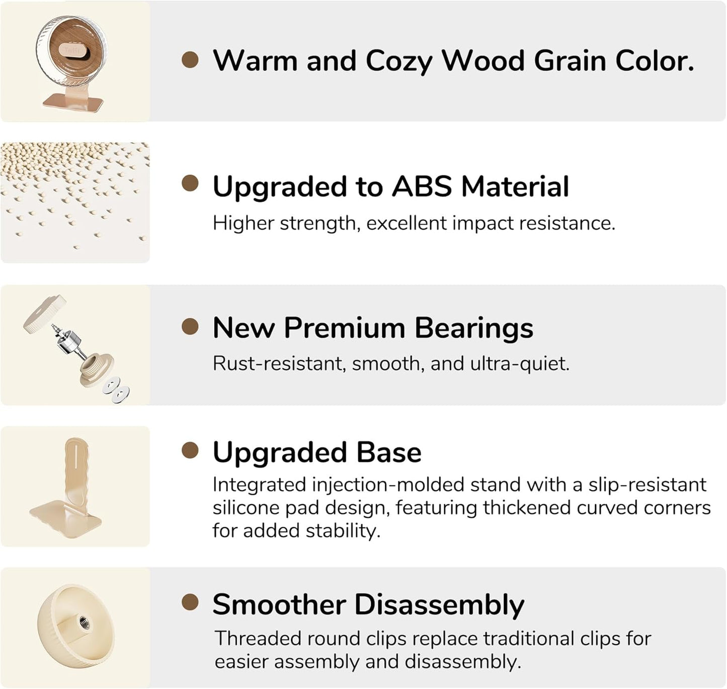 Silent Hamster Wheel 8.7 Inch Dual-Bearings Quiet Running Exercise Wheels with Wood Grain Backboard, Height Adjustable for Dwarf Hamsters, Gerbils, Mice, Hedgehog, Lemmings, Warm Brown