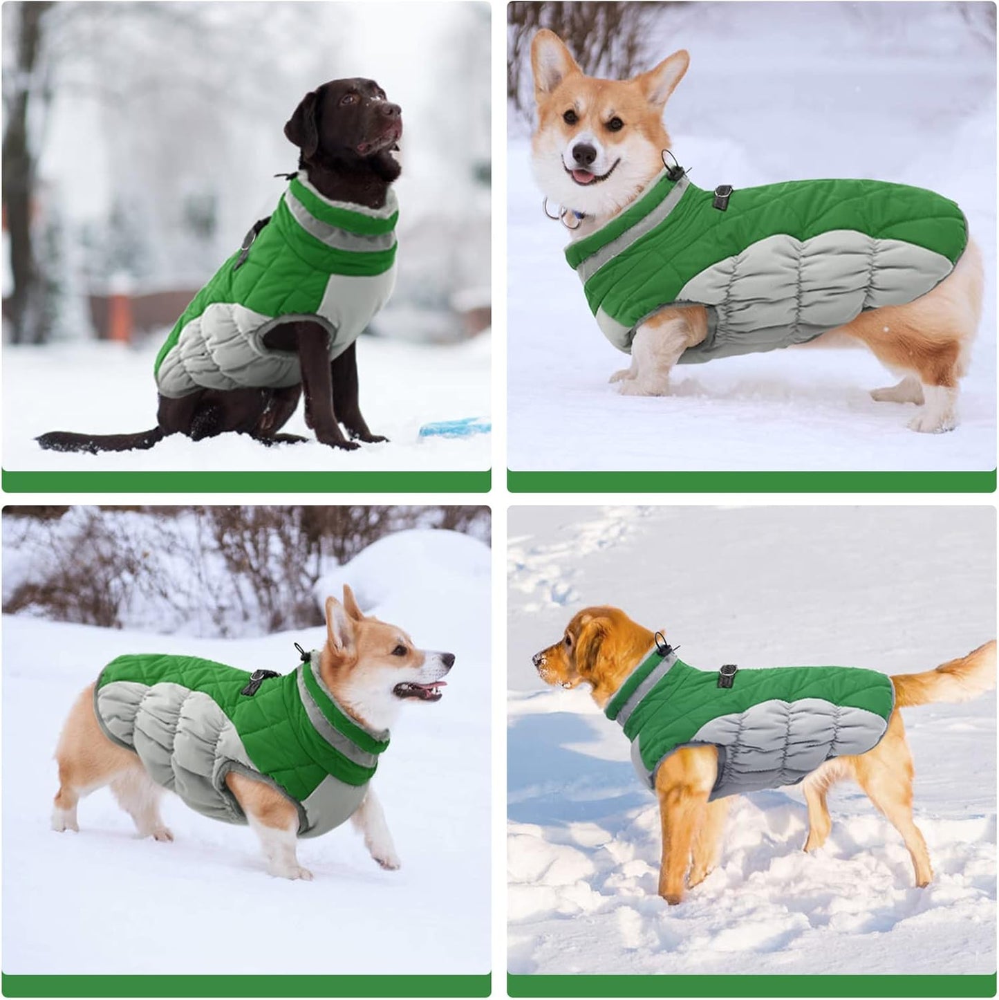 FUAMEY Dog Coat for Large Dogs,Waterproof Dog Winter Jacket with Harness Built in Puppy Cold Weather Coats Reflective Pet Vest with Zipper Warm Fleece Dogs Snowsuit Windproof Green XXXL