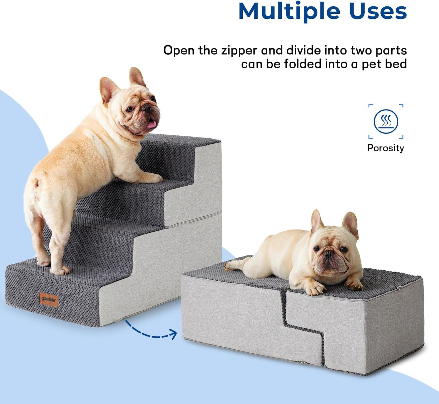 Dog Stairs for Large Dogs - Extra Wide Pet Stairs 2 in 1 with Zippers Suitable for Couch and Bed, Foam Dog Steps with Non Slip Bottom Grey 4 Steps, Grey