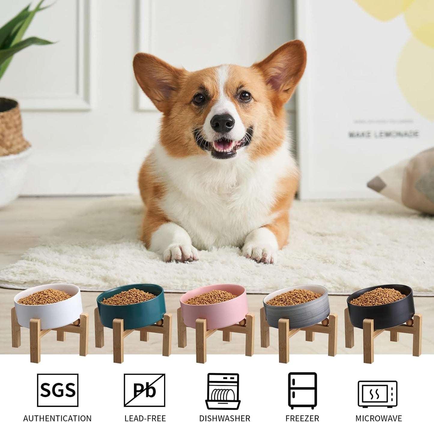 Black Elevated/Raised 15°Tilted Anti Slip Ceramic Dog Bowl for Medium & Large Breeds,Slanted Bulldog Big Face Pet Feeding Food Water Dish Stand for Dogs (7.6 Cups/60OZ)