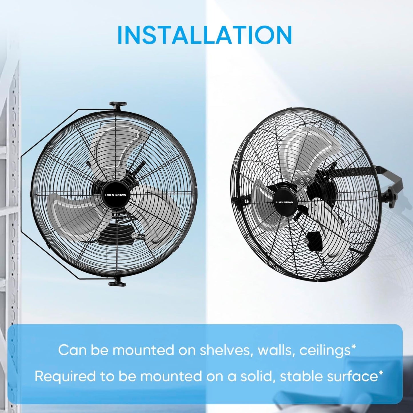 KEN BROWN 18 Inch Industrial Wall Mount Fan, 4300 CFM Metal Heavy Duty Fan, 3-Speeds High Velocity Oscillating Fans for Patios, Shop, Greenhouse, Garage, Commercial, Gazebo
