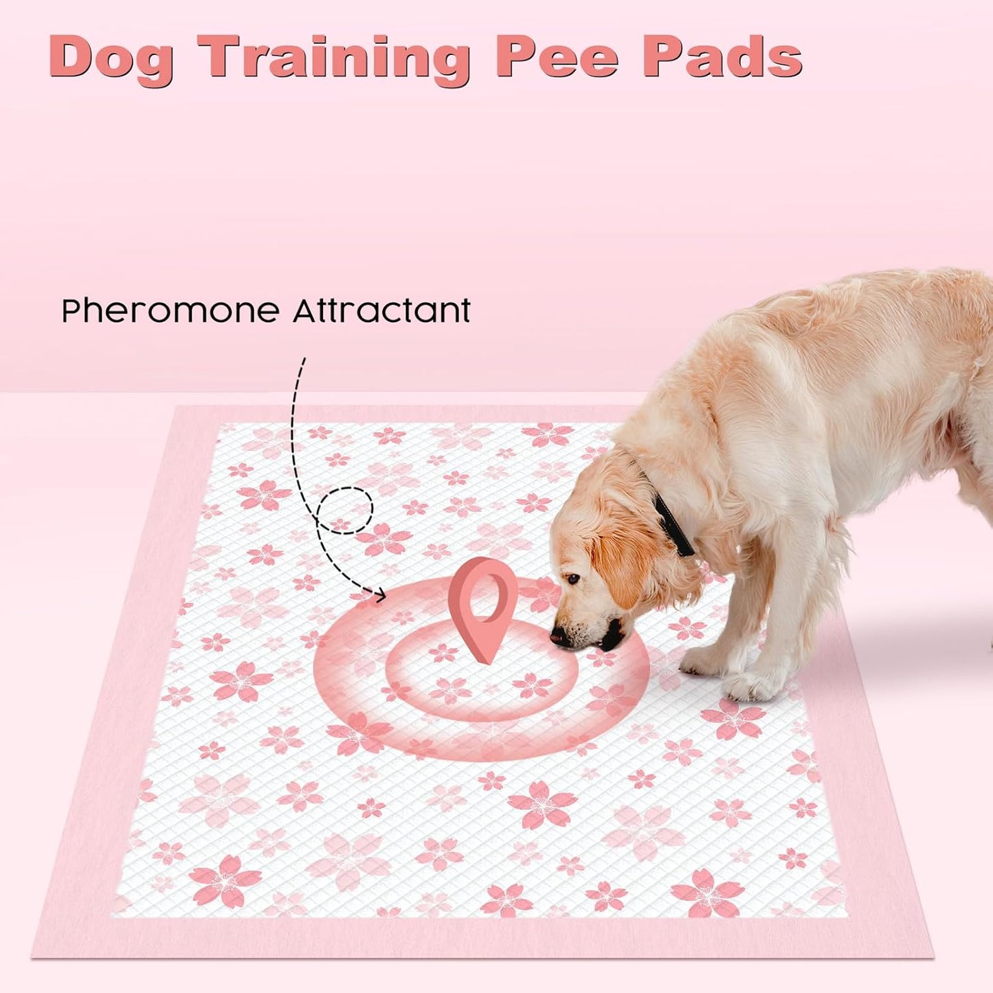 MIZOK Dog Pee Pads 28x34in Pink, Puppy Pads Extra Large Absorbent with Adhesive Tabs 6-Layer Leak-Proof Quick-Dry Design Odor Control for Potty Training, Cherry Blossom Prints (40 Counts)