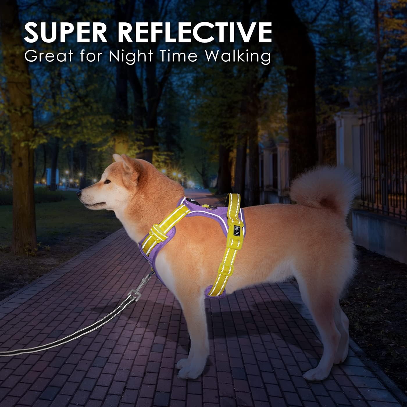 PHOEPET No Pull Dog Harness, Unique Colors Reflective Adjustable Dog Vest, with Soft Training Handle Metal Clips for Small Medium Large Dogs (Baby Purple Base & Yellow Straps,L)