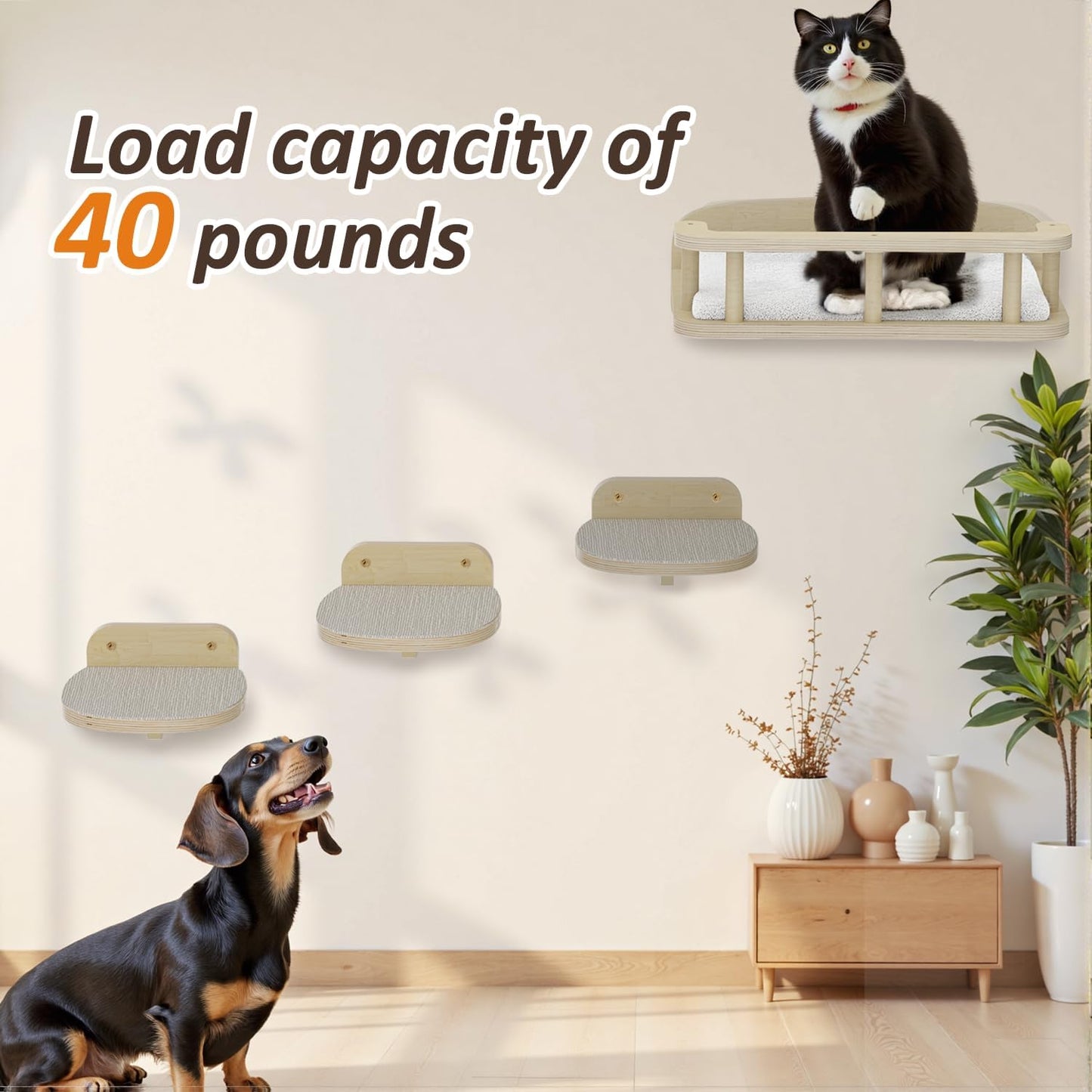 MeowHomm Cat Wall Shelves, Wood Cat Shelf with 3 Steps, Non-Slip Wall-Mounted Furniture for Kittens