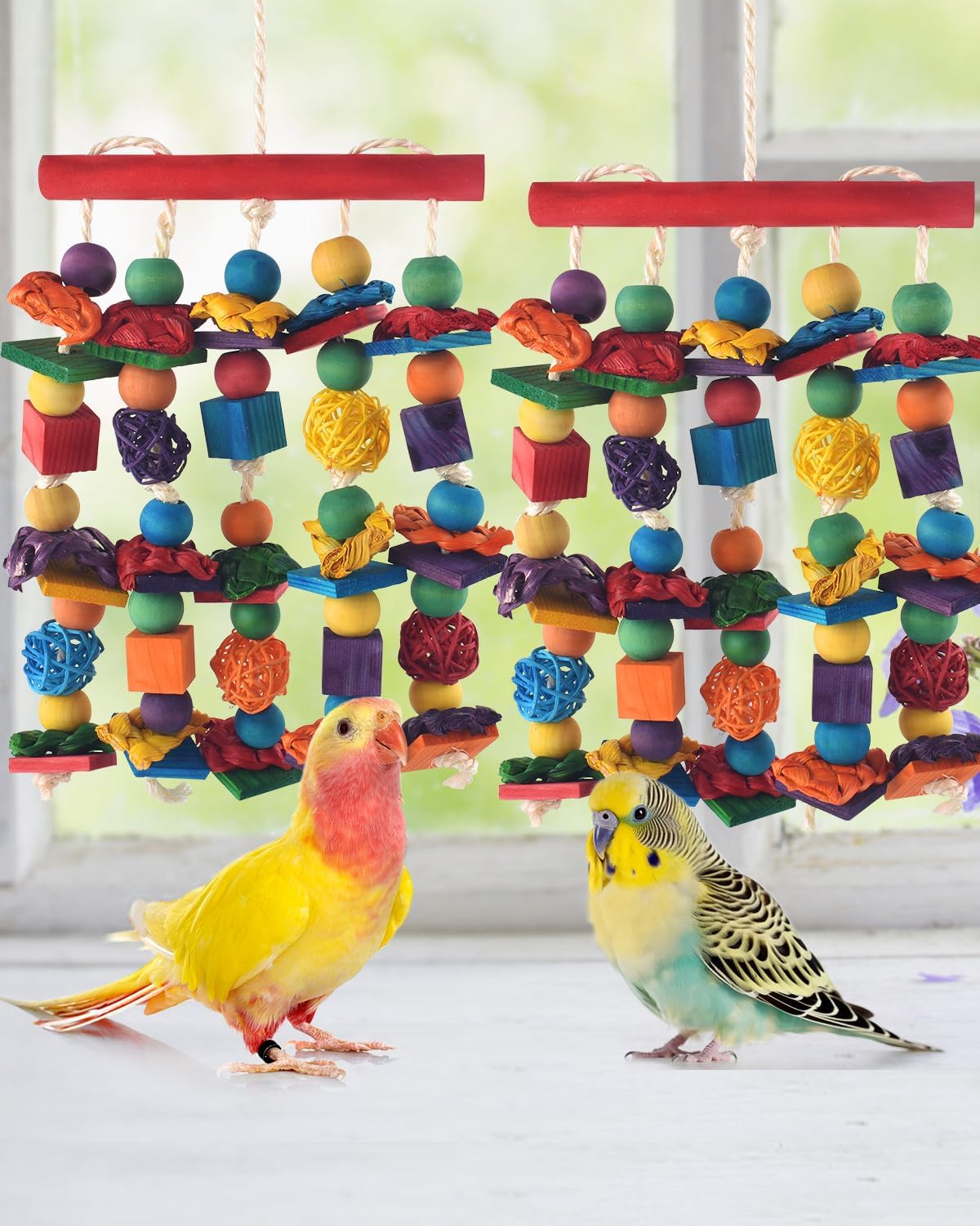 Bird Toys, 2PCS Parrot Foraging Hanging Toy, Multicolored Natural Wooden Blocks Parakeet Chewing Toys mit Rattan Wicker Balls, for Medium Small Cockatoos Budgie Lovebird Cockatiel Conure