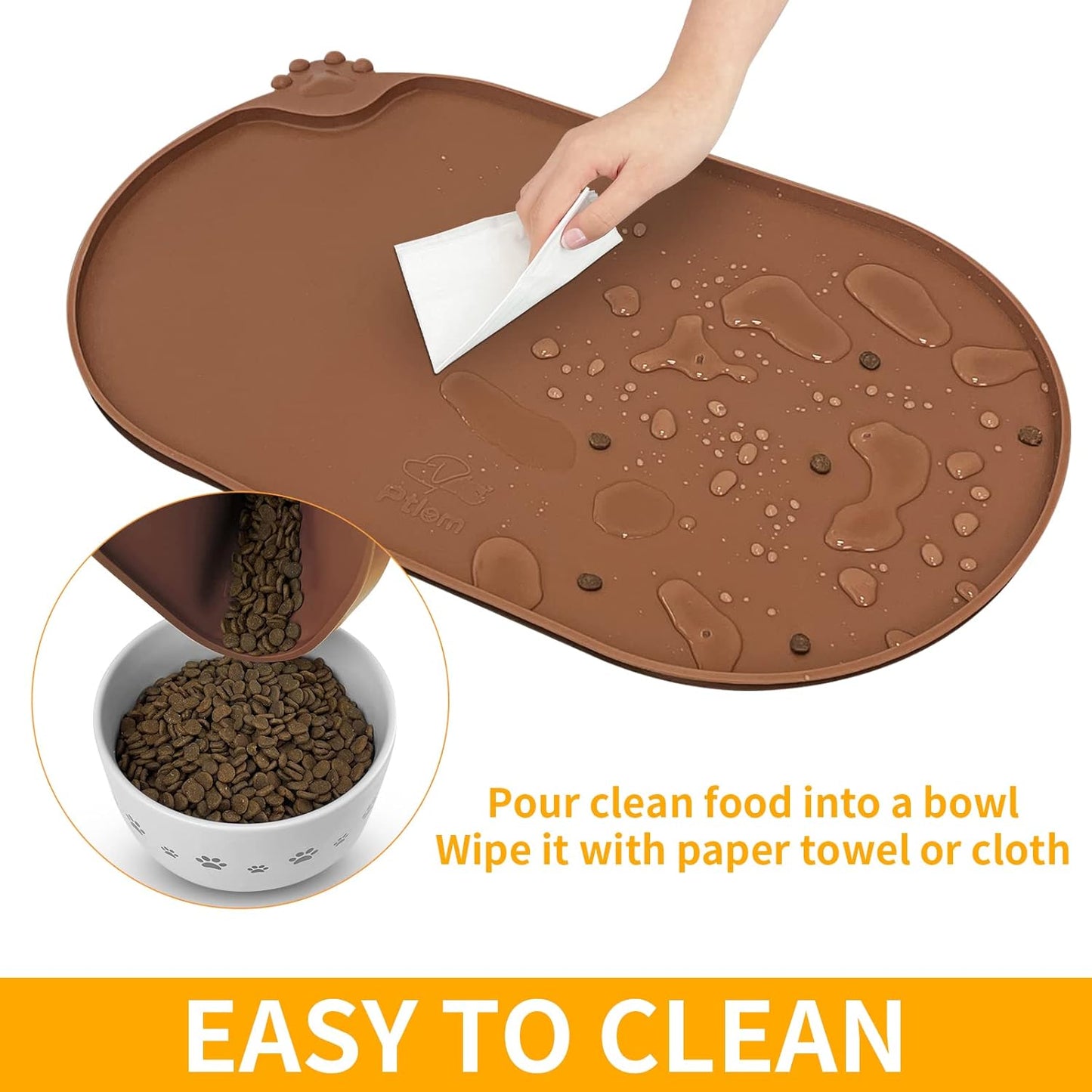 KPWACD Pet Placemat for Dog and Cat, Waterproof Silicone Dogs Feeding Bowl Mat Prevent Food and Water Overflow, High-Lips Puppy Dish Mats Suitable for Small Medium Big Pets, Brown, 19" * 12"