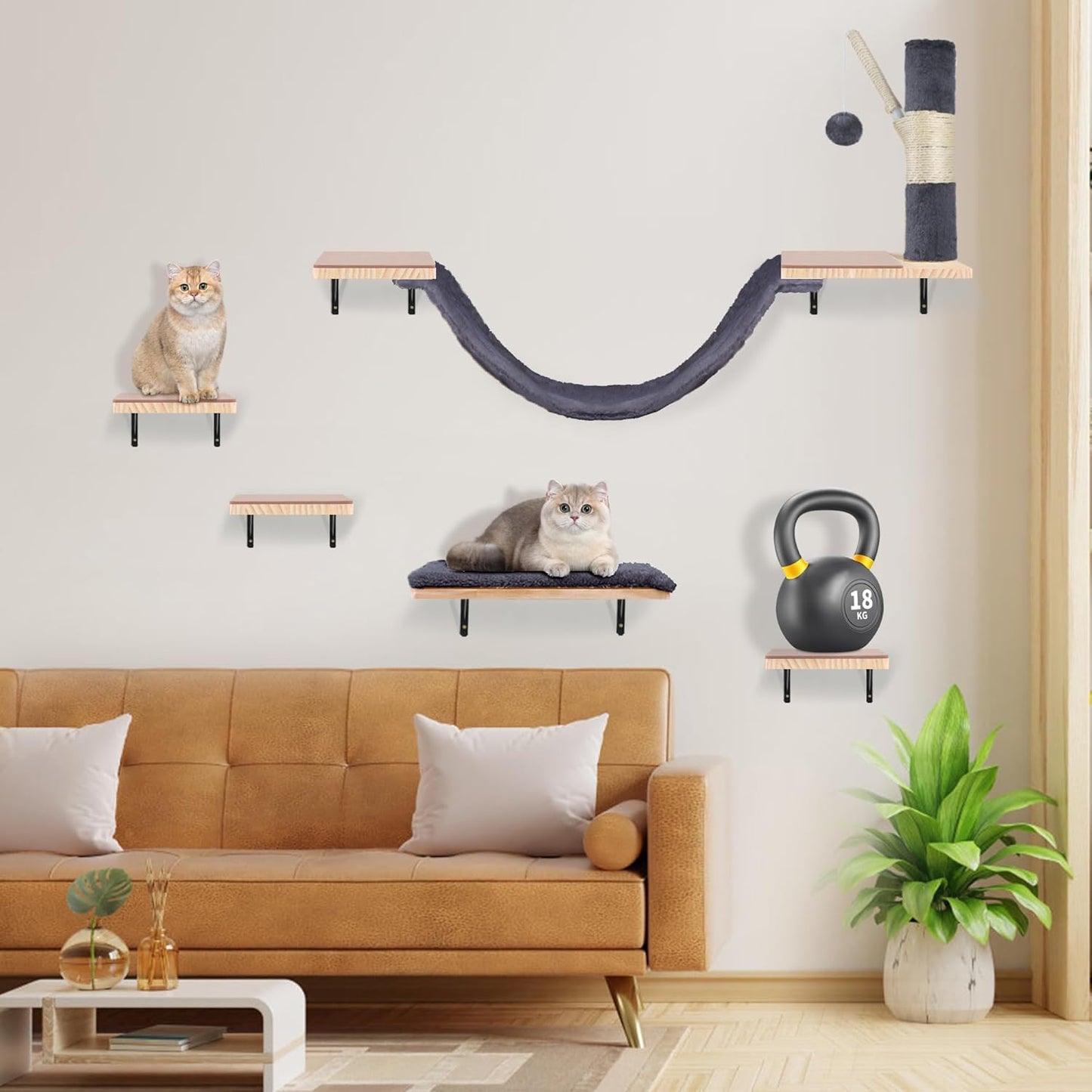 Wall Mounted Cat Climber Set, Cat Wall Shelves,Cat Wall Furniture Set,with Hammock,Jumping Boards,Sofa,Steps,Scratching Post,Hanging Ball and Felt Pads, Suit for Cats Climb, Jump,Scratch-Dark