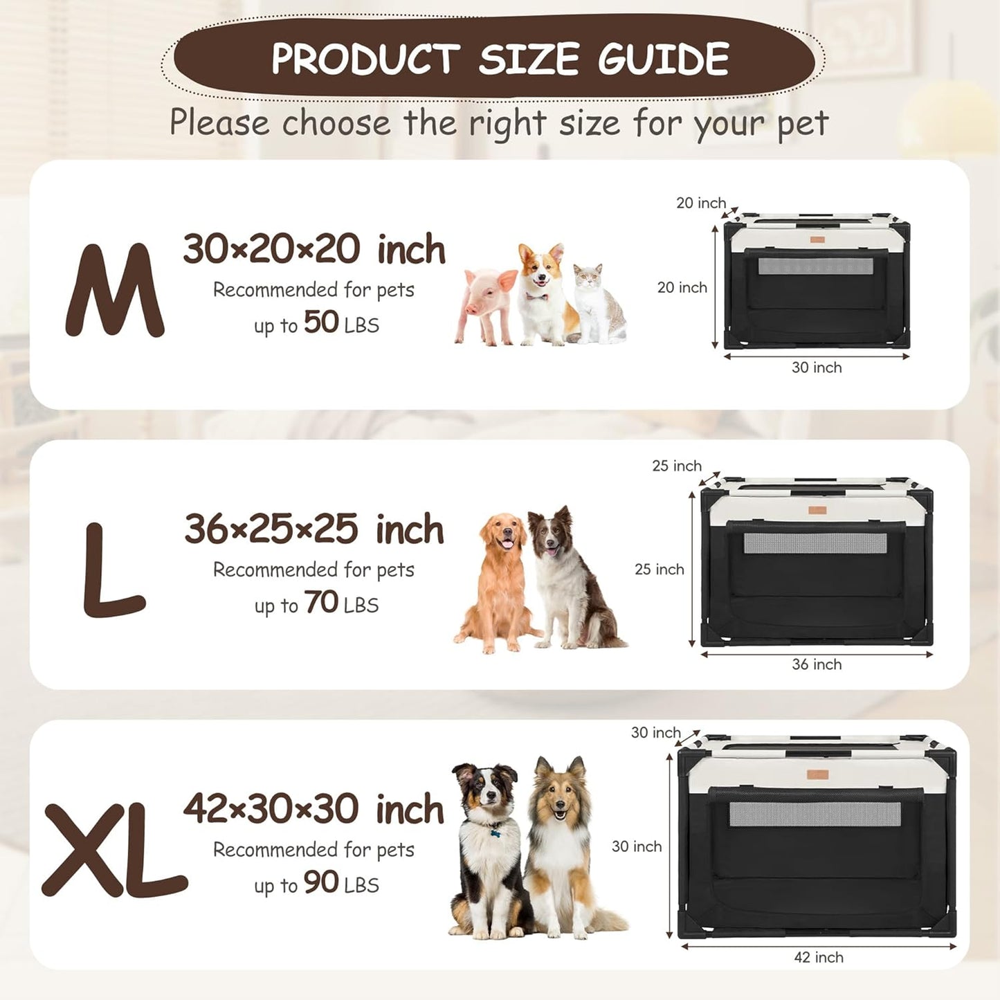 Dog Crate - Soft Pet Kennel for Dogs/Cats, 3-Door Breathable Travel Cage with Mesh Window, Portable Dog Kennel for Indoor & Outdoor, Black-L