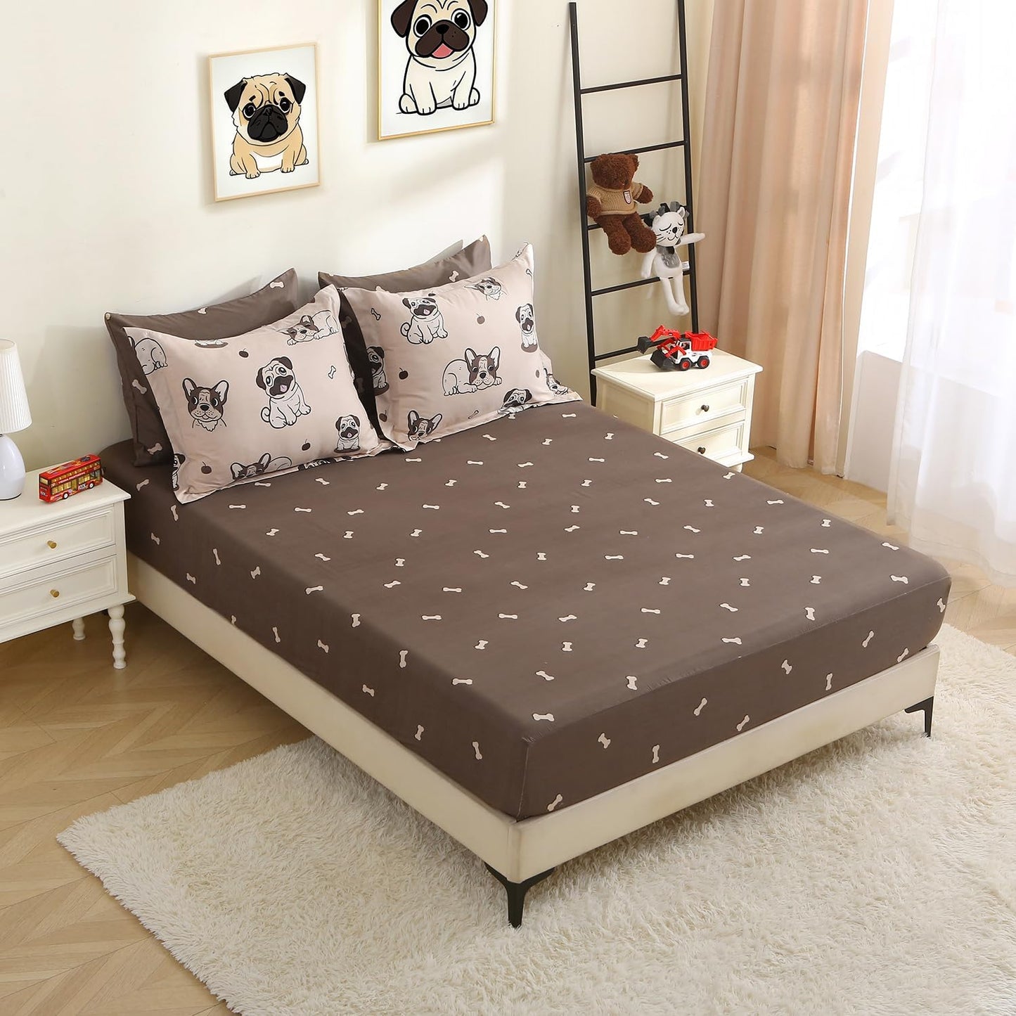 Kids Comforter Set 7 Piece Bedding Cute Dog Cartoon Animal Bed Microfiber Comforter Queen Size All Season (1 Comforter, 1 Flat Sheet, 1 Fitted Sheet, 4 Pillowcase)