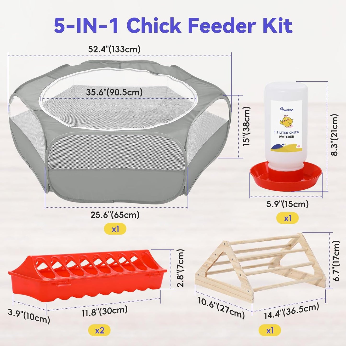 Pawaboo 5-in-1 Chicken Brooder Box for Chick Starter Kit, Includes Pet Cage Tent, Chicks Perch, Chicks Feeder, 1.1L Chick Waterer, Baby Chicken Supplies (Brooder Set), Gray