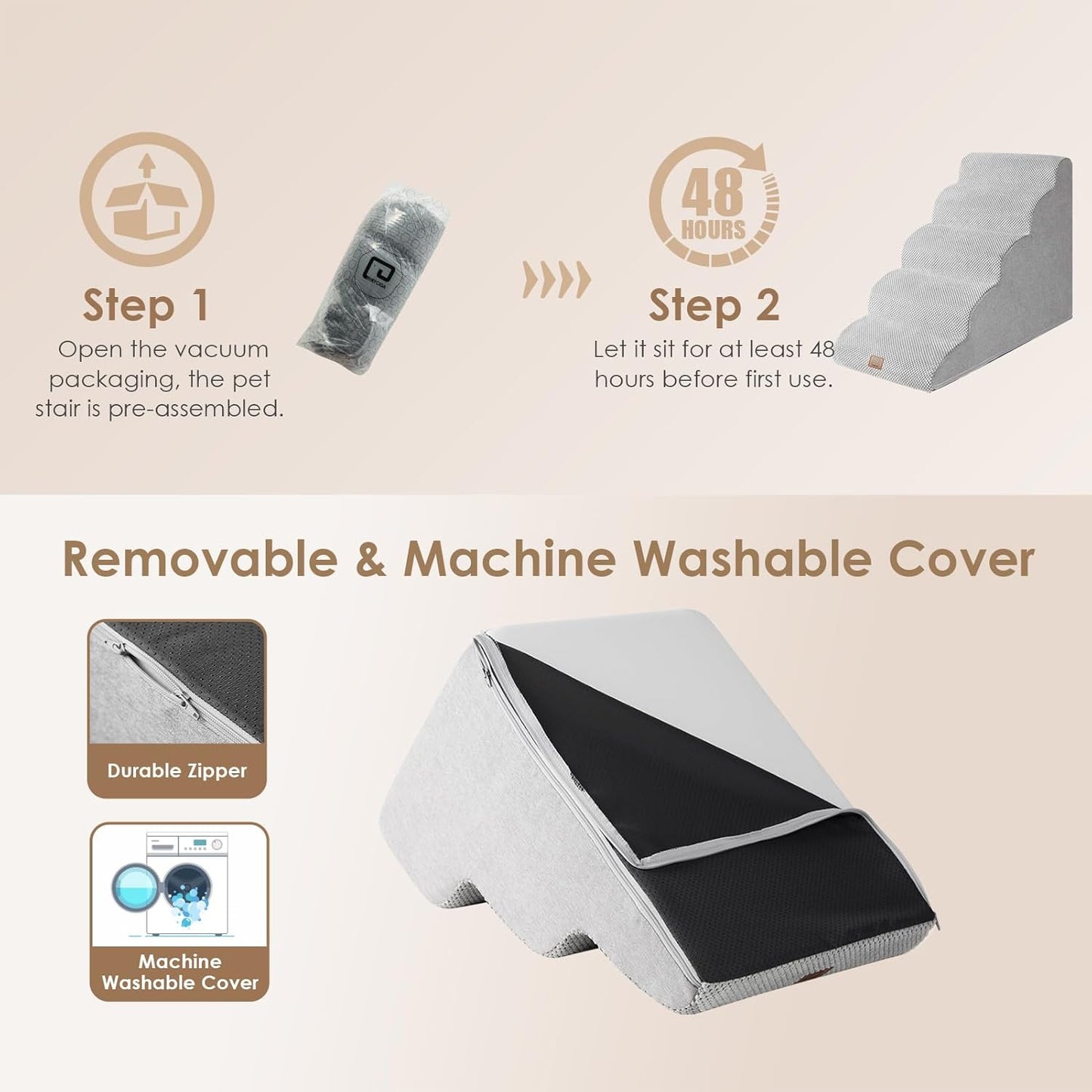 EHEYCIGA Curved Dog Stairs Ramp for High Beds 22.6" H, 5-Step Dog Steps for Small Dogs and Cats, Pet Stairs for High Bed Climbing, Non-Slip Balanced Pet Step Indoor, Light Grey