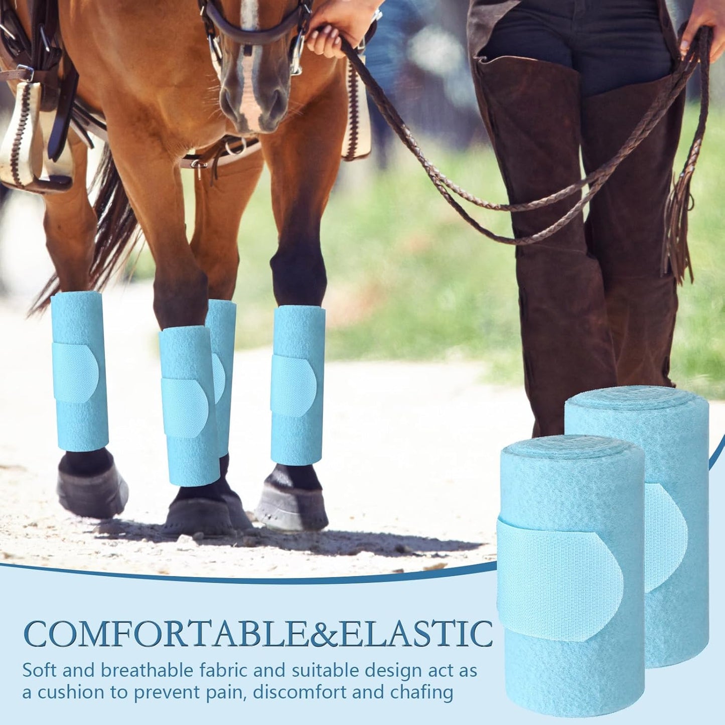 Set of 4 Horse No Bow Bandage 3D Contoured Standing Wrap Bandages Stable Nylon Horse Leg Wraps for Helping Prevent Horse from Tendon Damage and Keep Horses Clean and Safe(Light Blue)