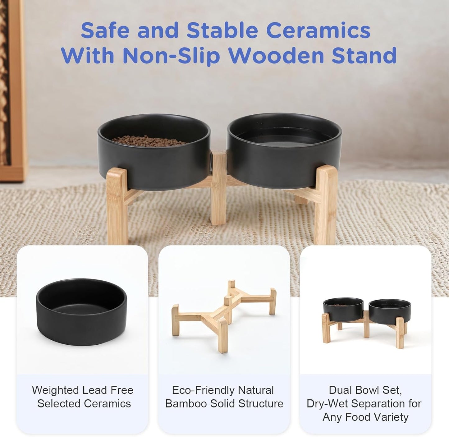 SPUNKYJUNKY Elevated Dog Bowls Ceramic, 5.1'' Dogs and Cat Food Water Bowls Raised with Non-Slip Bamboo Stand for Puppy Small Sized Breed Microwave Dishwasher Safe - 13.5 OZ,Black