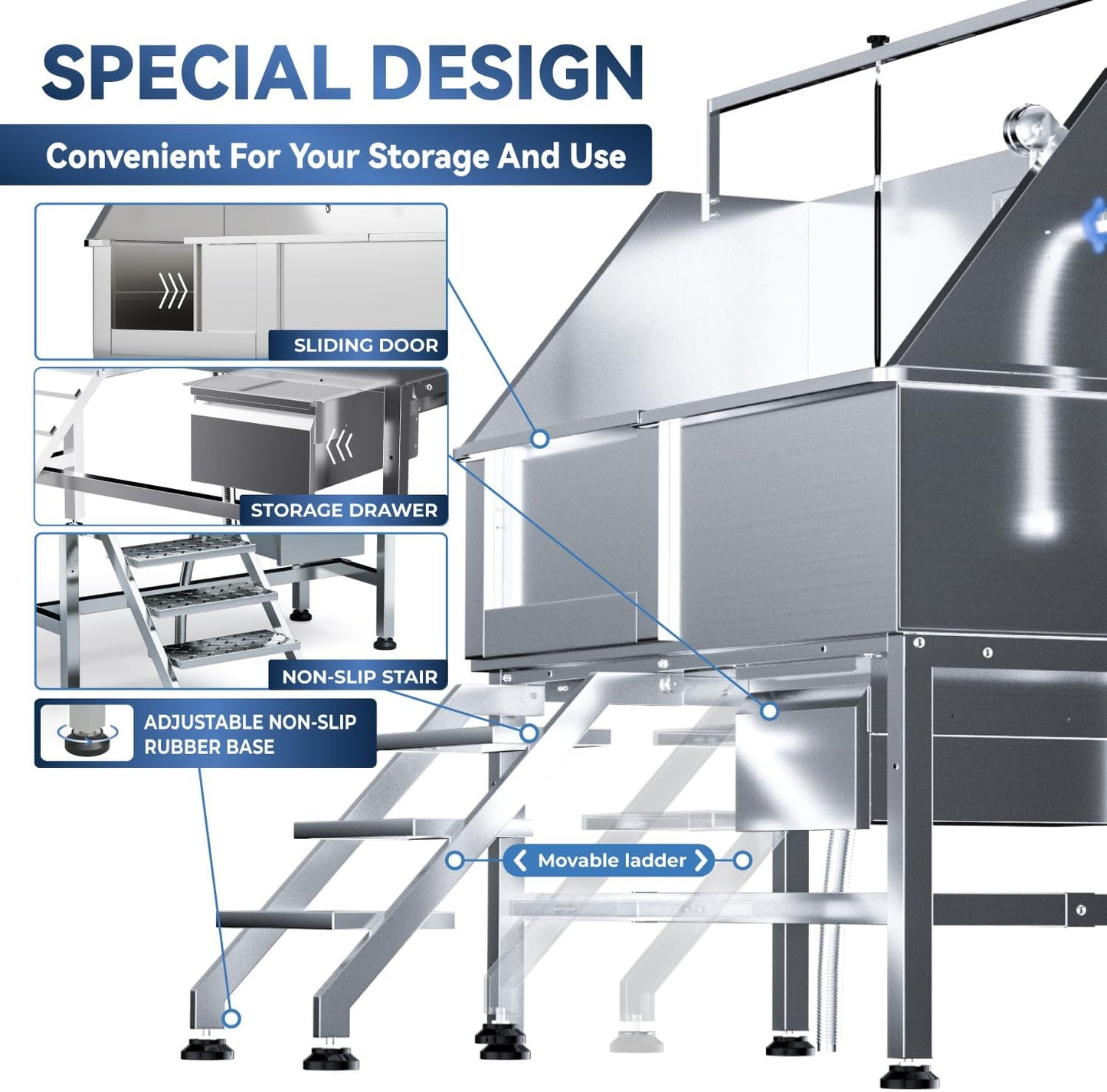 Professional 46" Dog Washing Station, Stainless Steel Dog Bathing Station, Height Adjustable Dog Wash Station, Storage Drawer, Upgrade Parts, Home, Commercial (Left Step)