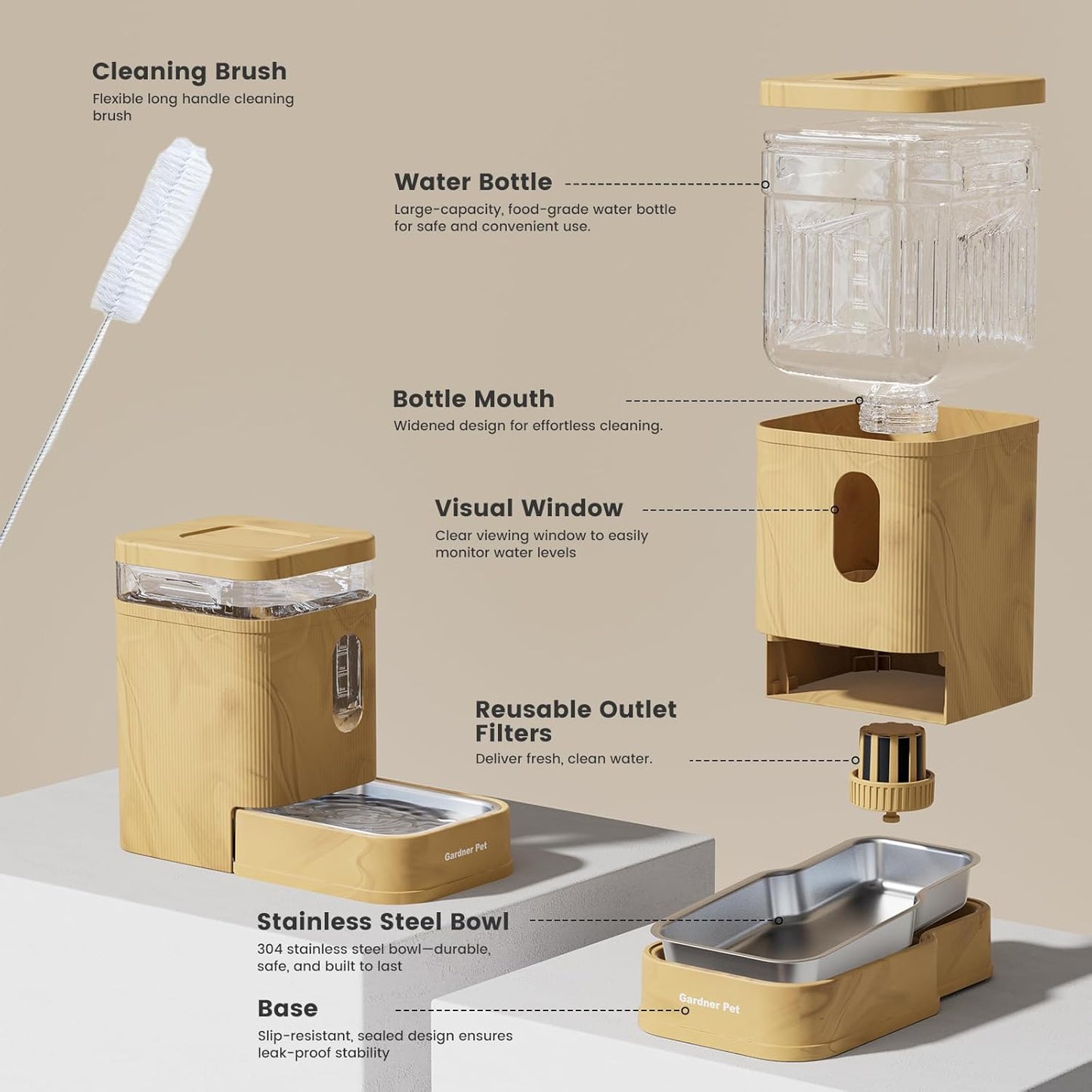 Gardner Pet Automatic Dog Water Dispenser Gravity Waterer with Stainless Steel Bowl Water Dispenser 6.5L Large Capacity Water Feeder for Dogs Cats Pets, BPA-Free Noise-Free (Light Brown, 6.5L)