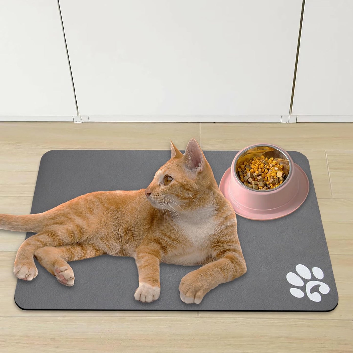 YCT Pet Dog Cat Feeding Mats - Non-Slip, Super Absorbent, Eating Mat with Footprints, 24 x 16.9 inches, Dark Grey